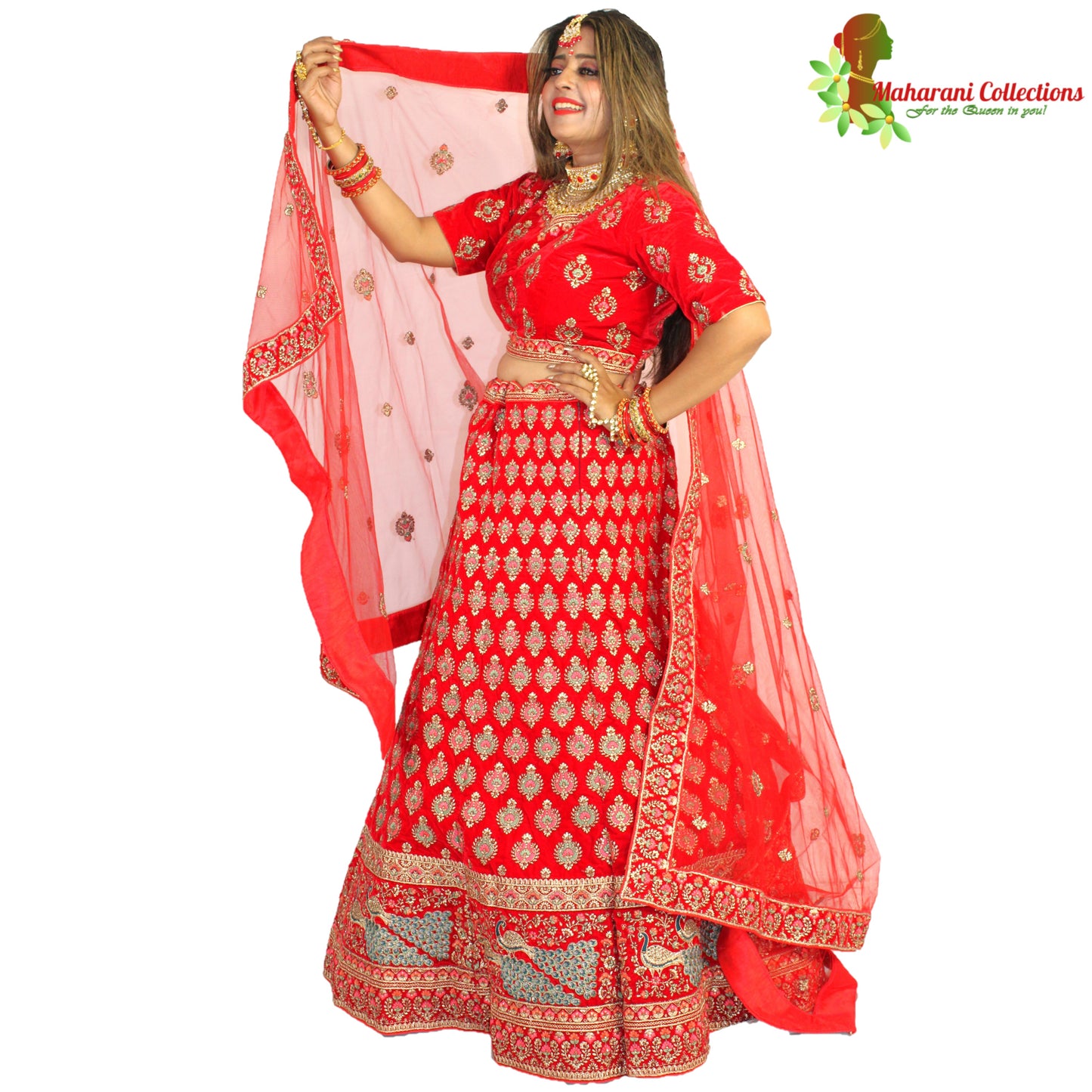 Maharani's Designer Bridal Lehenga - Stunning Red in Velvet (L)