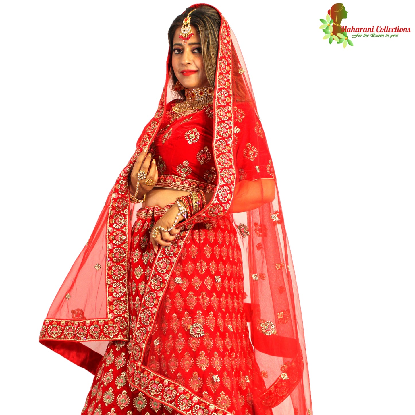 Maharani's Designer Bridal Lehenga - Stunning Red in Velvet (L)