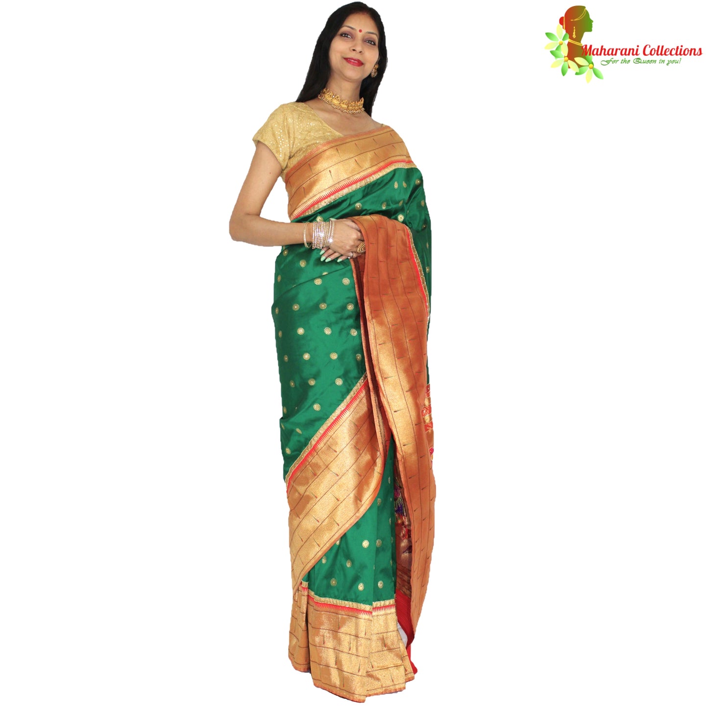 Maharani's Pure Banarasi Silk Paithani Saree - Bottle Green and Golden (with Stitched Petticoat)