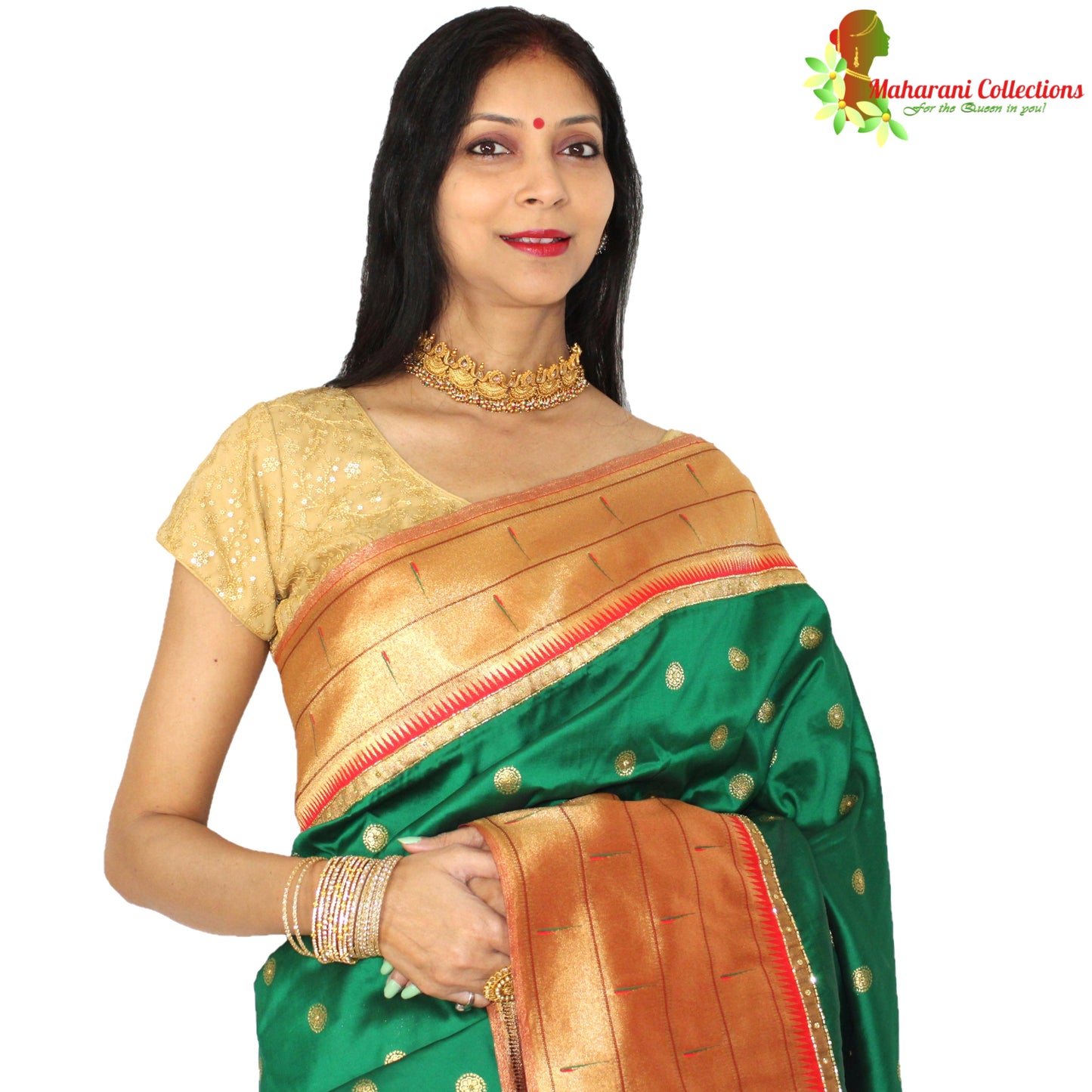 Maharani's Pure Banarasi Silk Paithani Saree - Bottle Green and Golden (with Stitched Petticoat)
