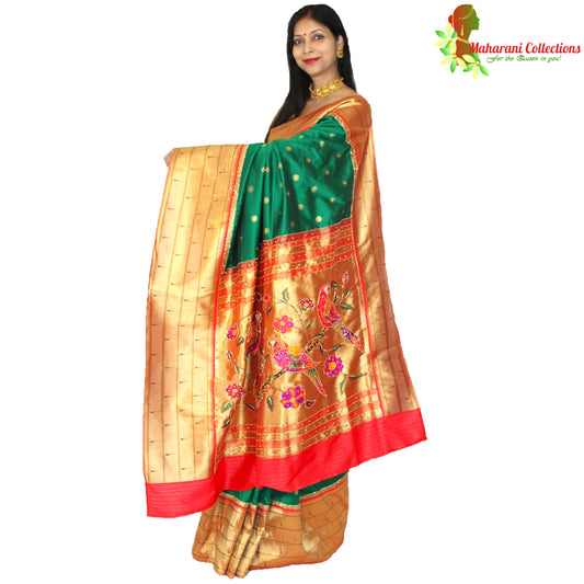 Maharani's Pure Banarasi Silk Paithani Saree - Bottle Green and Golden (with Stitched Petticoat)