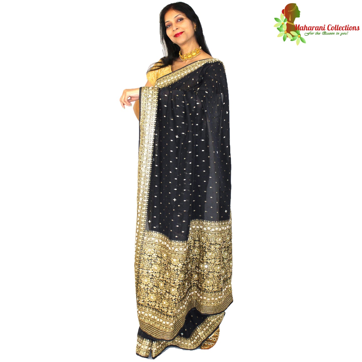 Maharani's Pure Banarasi Georgette Saree - Black (with Stitched Petticoat)