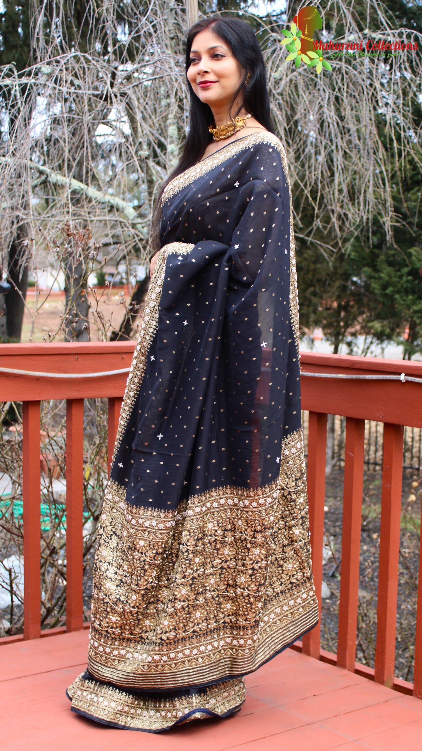 Maharani's Pure Banarasi Georgette Saree - Black (with Stitched Petticoat)
