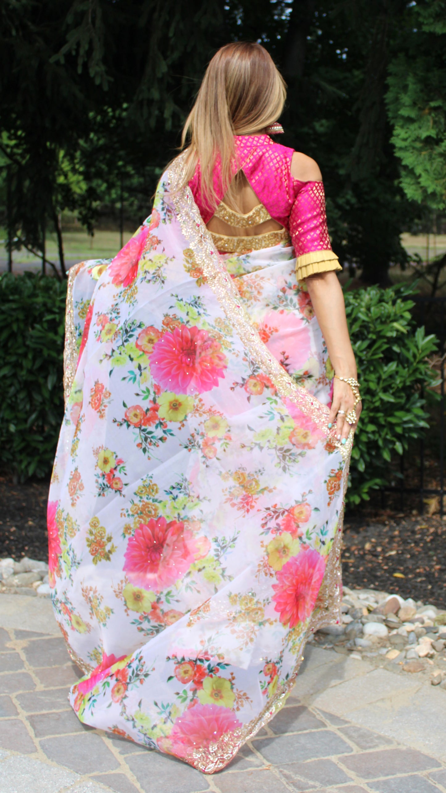 Maharani's Party Wear Organza Silk Saree - Cream Floral (with stitched Petticoat)