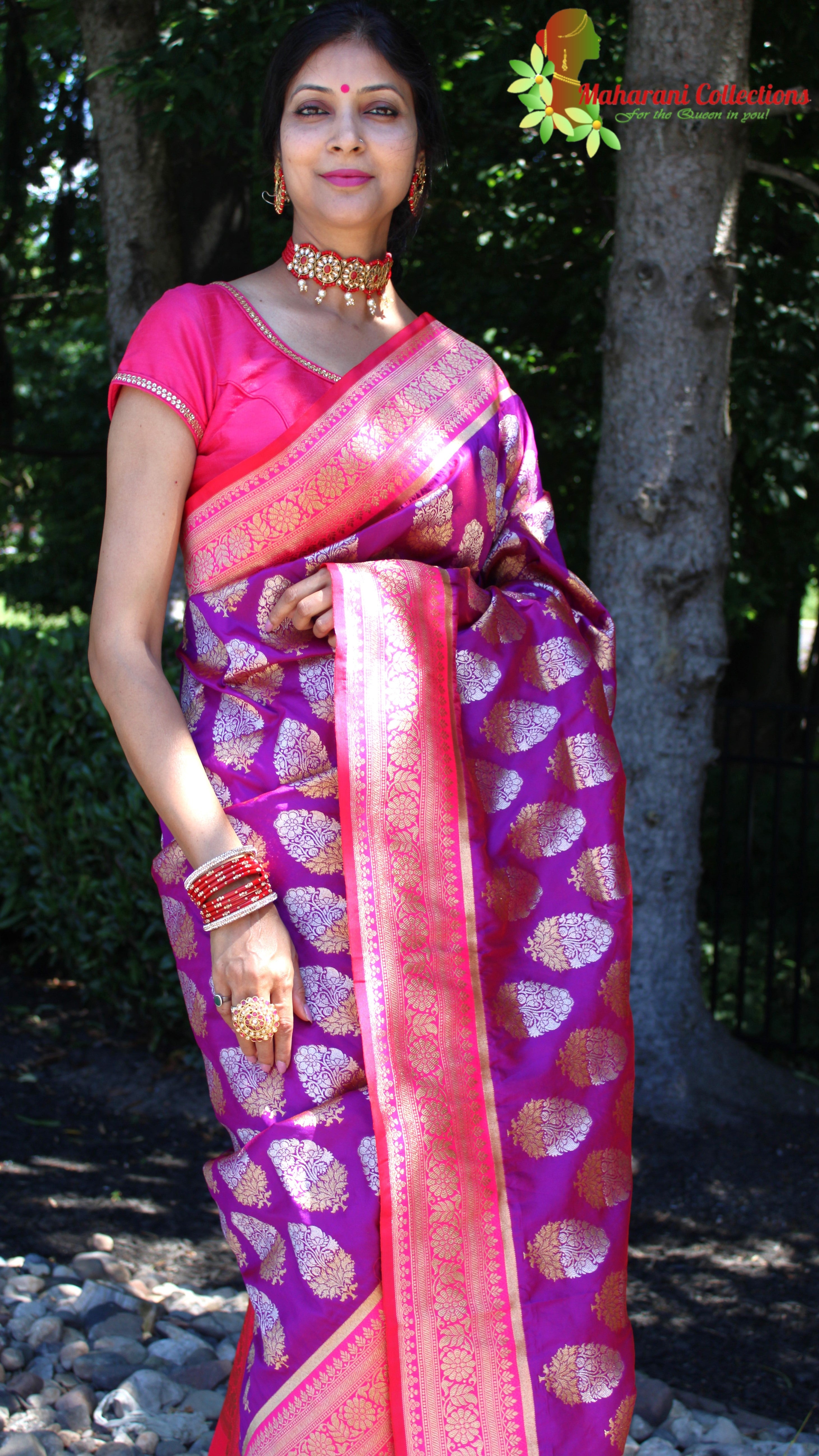 Purple woven silk saree with blouse - Lilots - 4124013