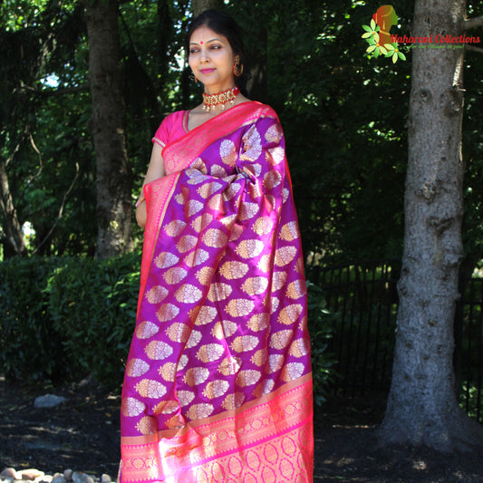 Maharani's Pure Banarasi Silk Saree - Purple (with stitched Blouse and Petticoat)