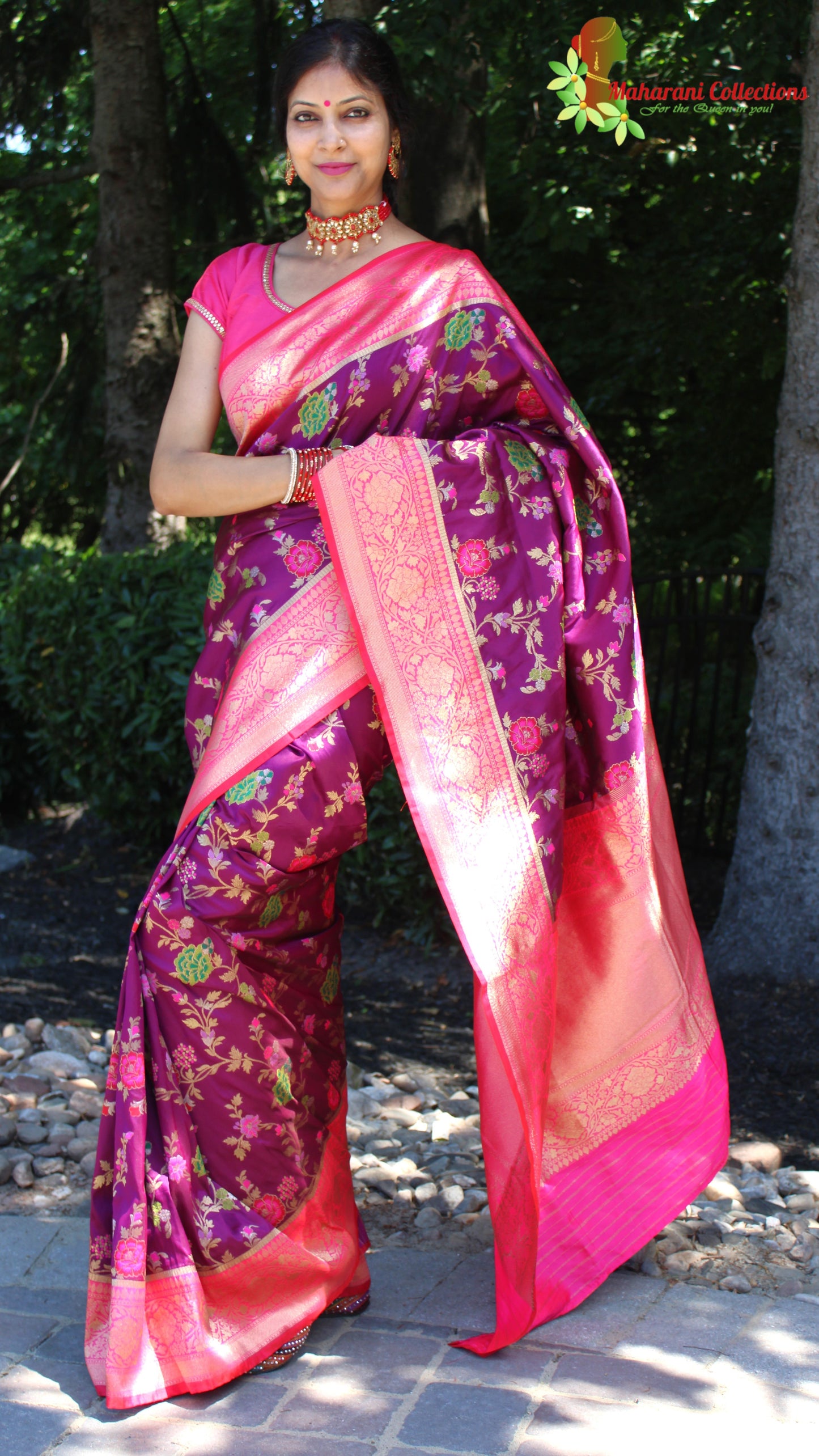 Maharani's Pure Banarasi Silk Saree - Purple/Wine (with stitched Blouse and Petticoat)