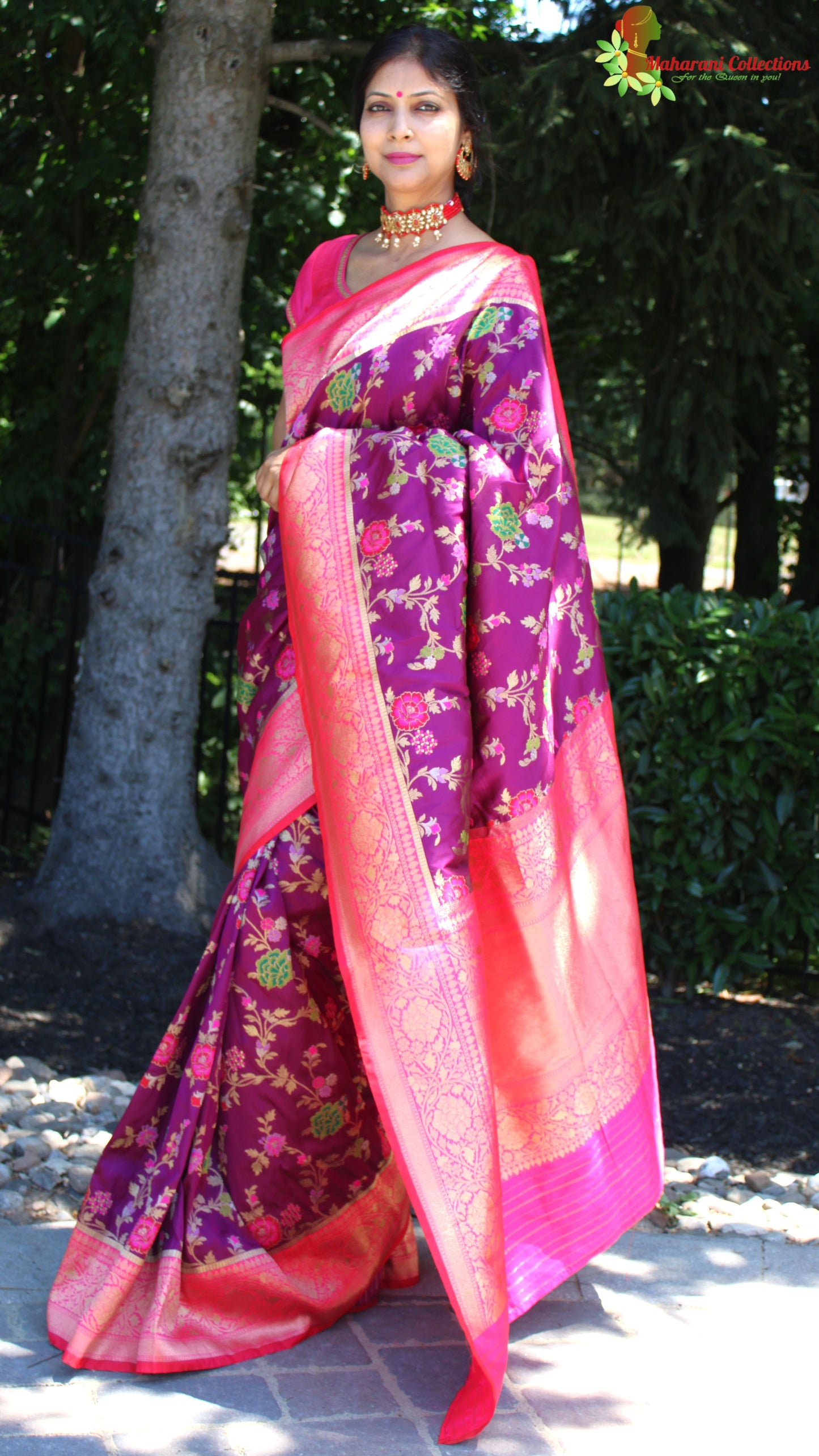 Maharani's Pure Banarasi Silk Saree - Purple/Wine (with stitched Blouse and Petticoat)