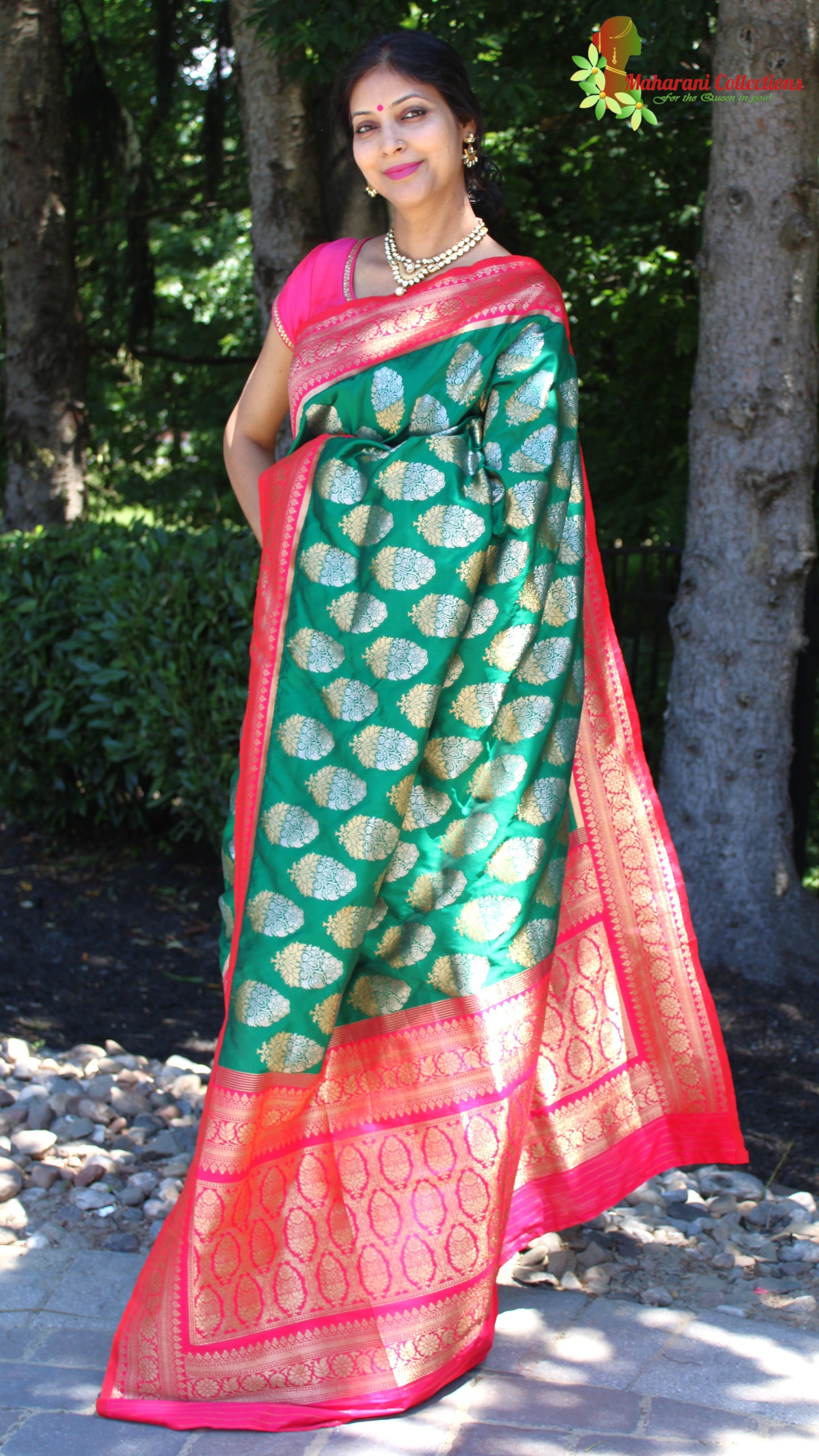 Maharani's Pure Banarasi Silk Saree - Bottle Green (with stitched Blouse and Petticoat)