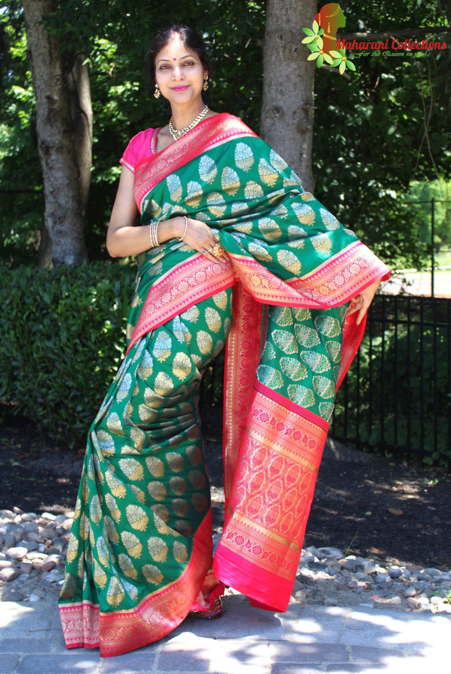 Maharani's Pure Banarasi Silk Saree - Bottle Green (with stitched Blouse and Petticoat)