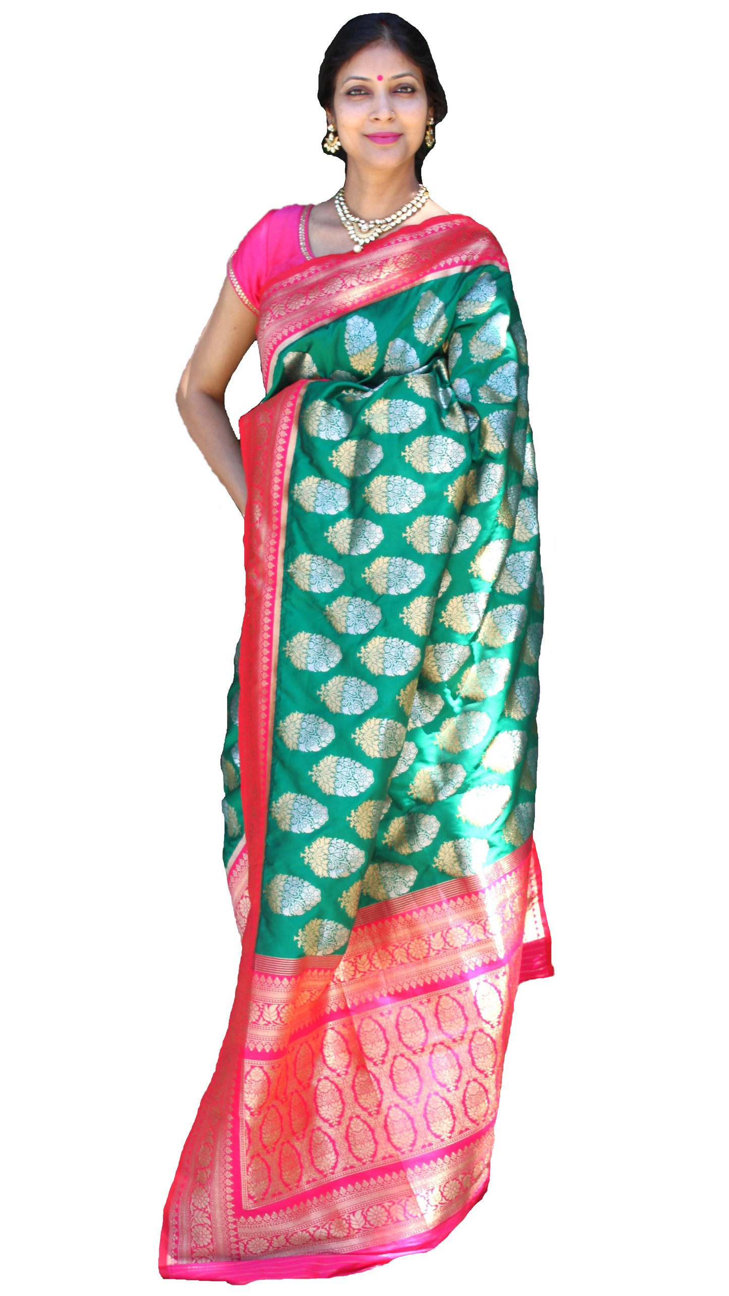 Maharani's Pure Banarasi Silk Saree - Bottle Green (with stitched Blouse and Petticoat)