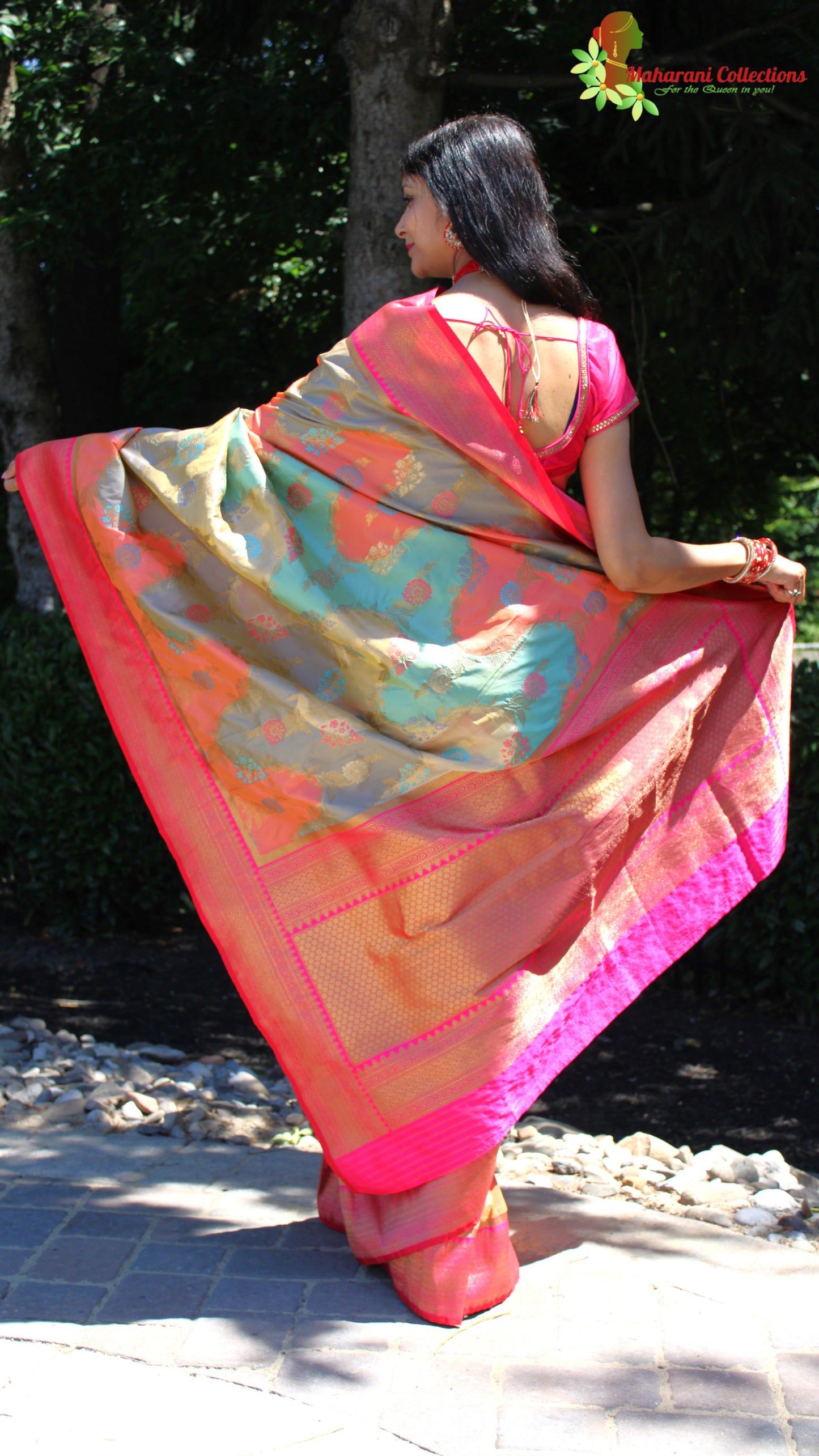 Maharani's Pure Banarasi Silk Saree - Orange and Teal (with stitched Blouse and Petticoat)