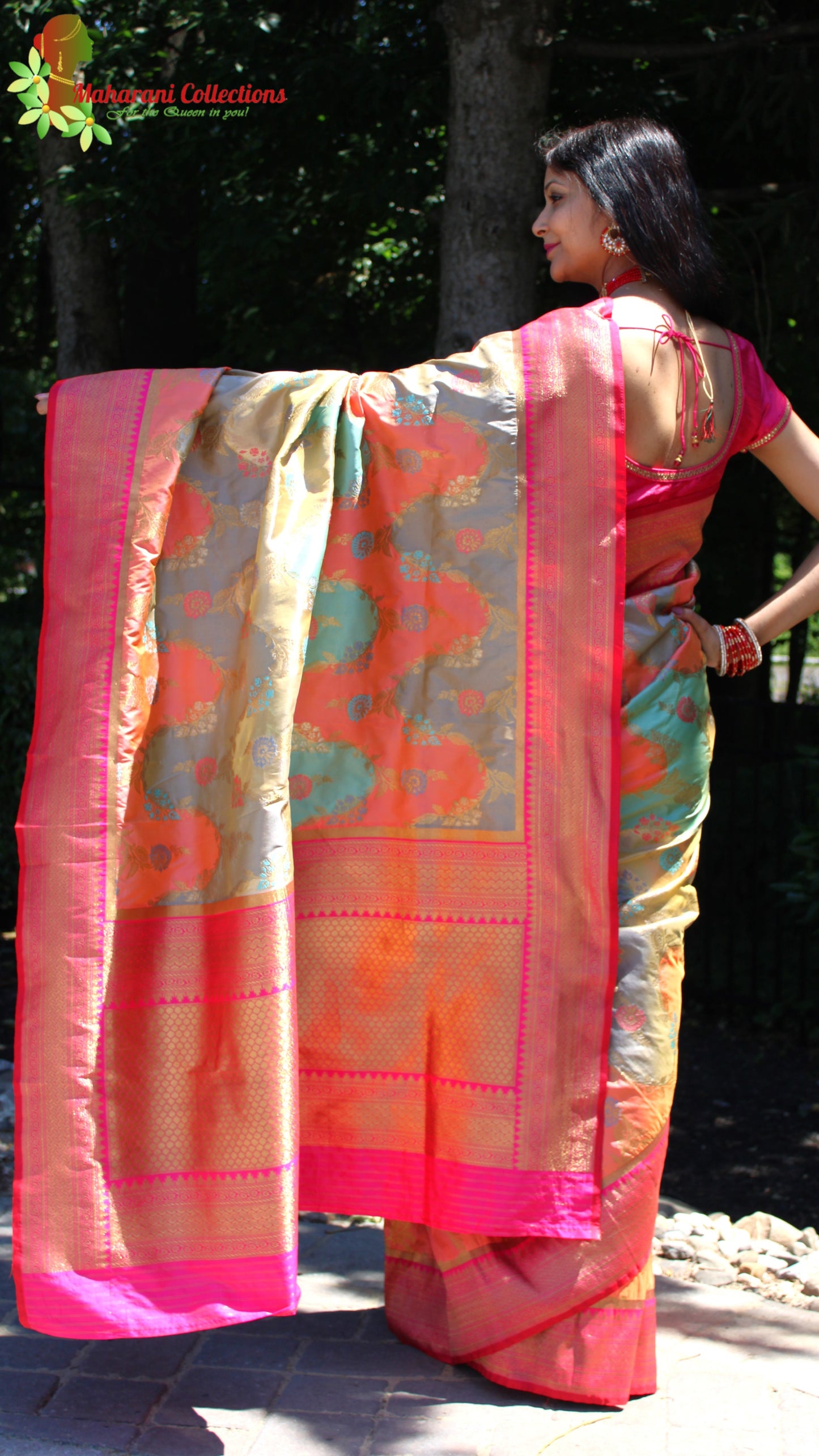 Maharani's Pure Banarasi Silk Saree - Orange and Teal (with stitched Blouse and Petticoat)