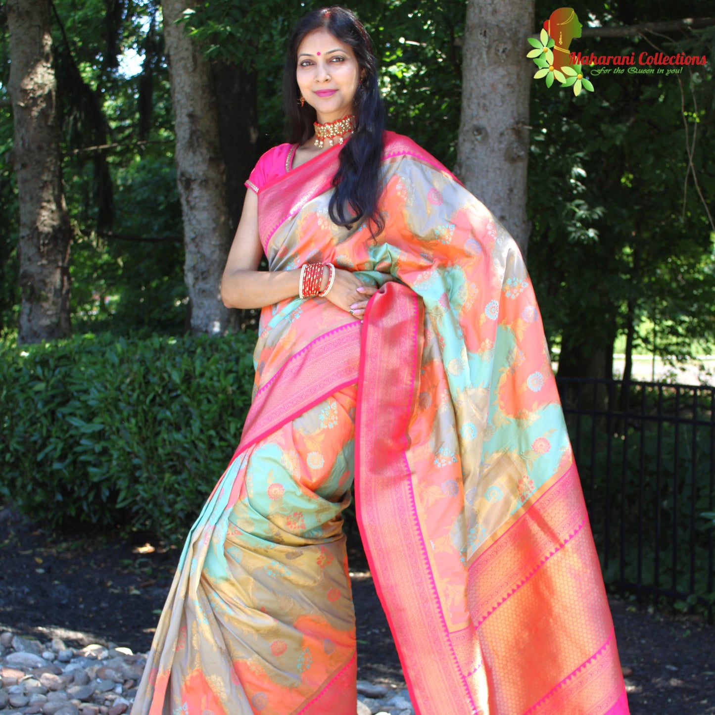 Maharani's Pure Banarasi Silk Saree - Orange and Teal (with stitched Blouse and Petticoat)