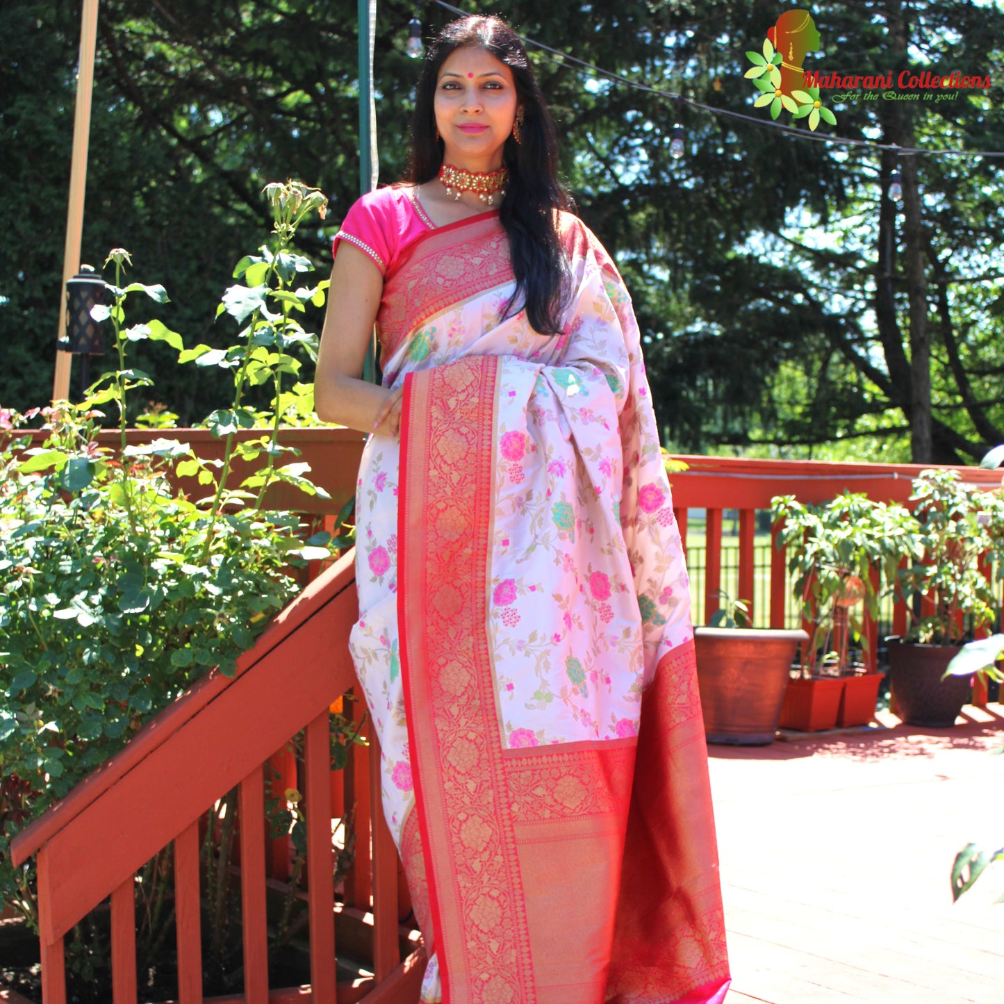 Maharani's Pure Banarasi Silk Saree - Cream (with stitched Blouse and Petticoat)