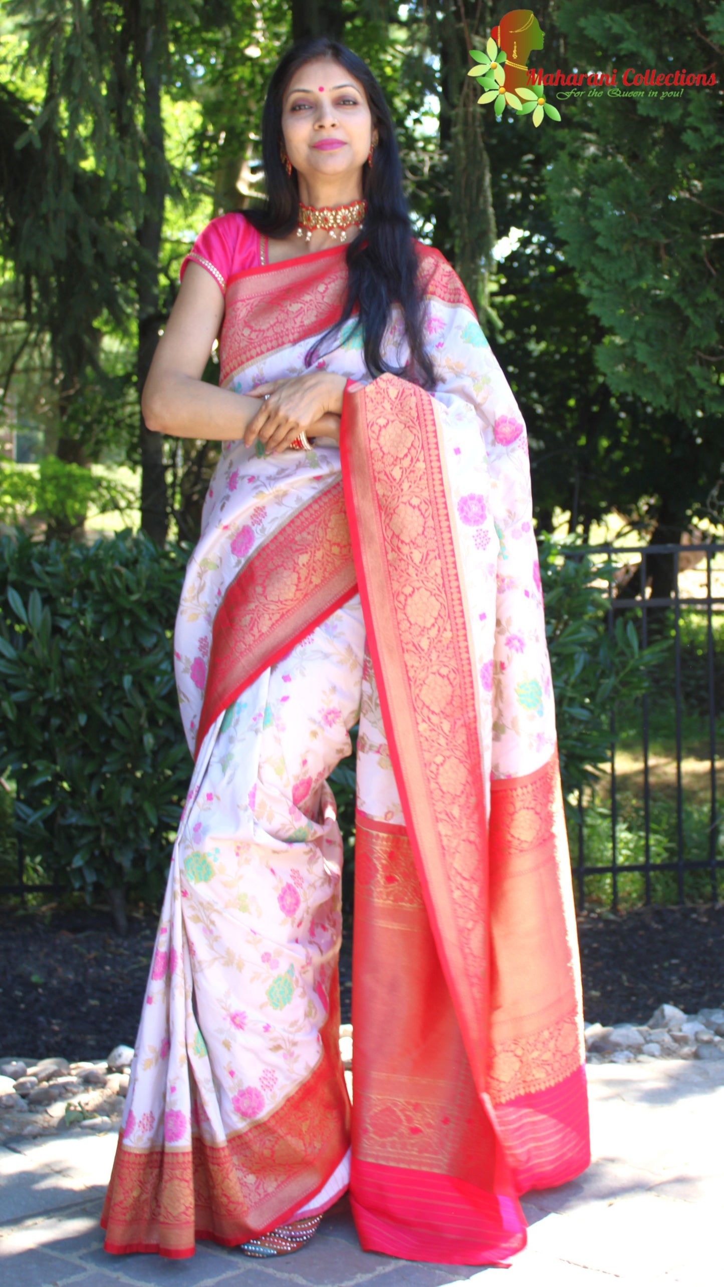 Maharani's Pure Banarasi Silk Saree - Cream (with stitched Blouse and Petticoat)