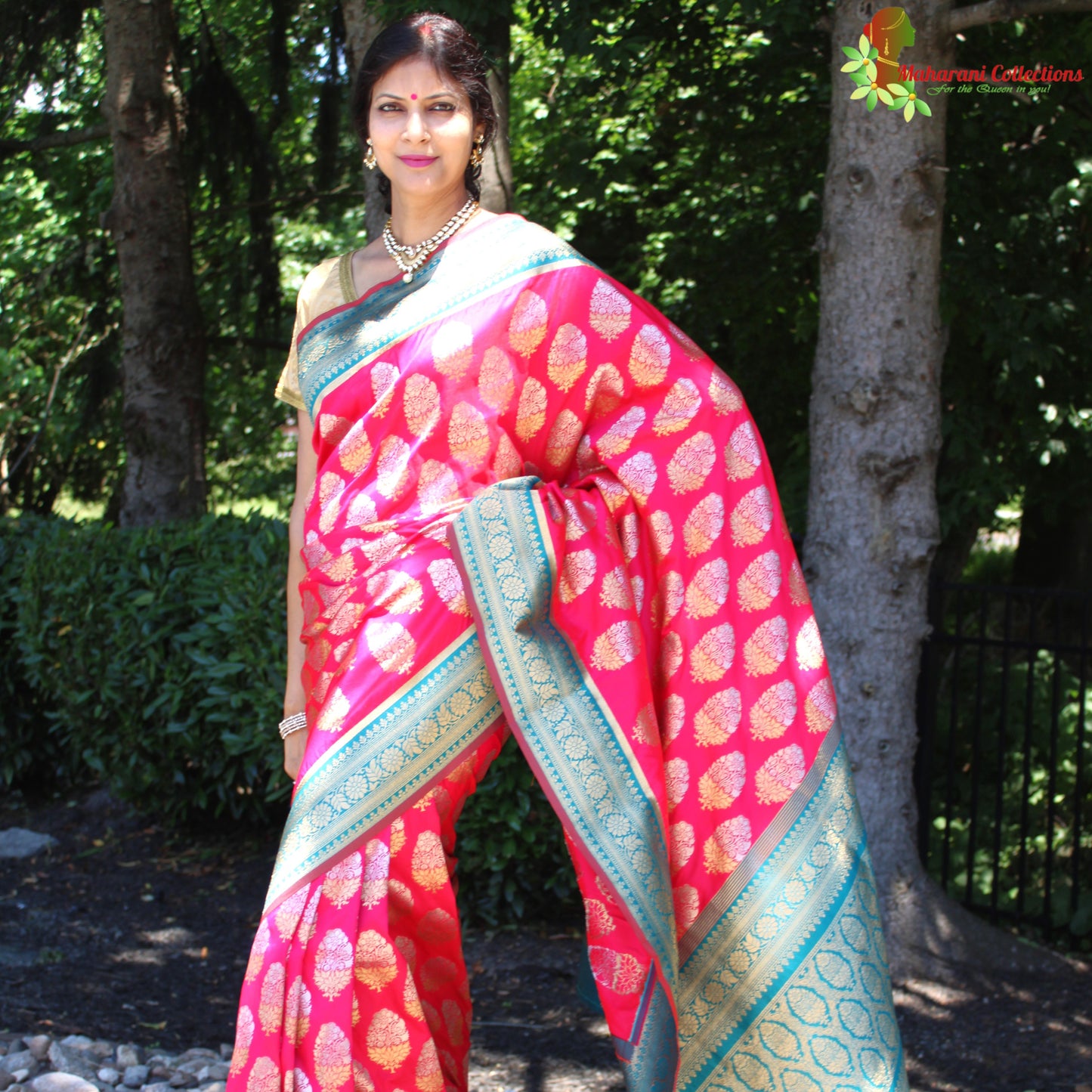 Maharani's Pure Banarasi Silk Saree - Magenta (with stitched Blouse and Petticoat)