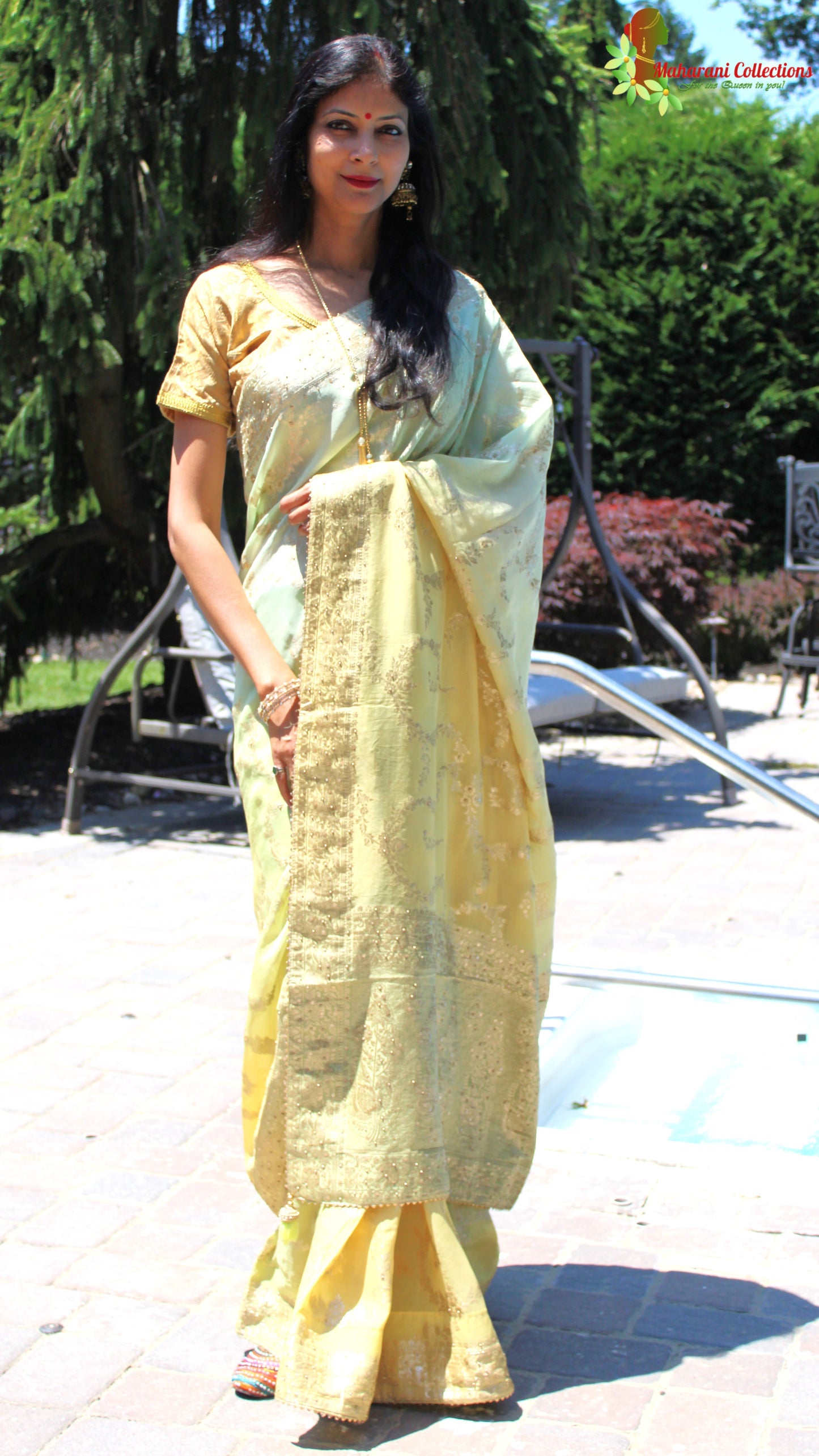 Maharani's Pure Banarasi Georgette Saree - Pista Green (with stitched Blouse and Petticoat)