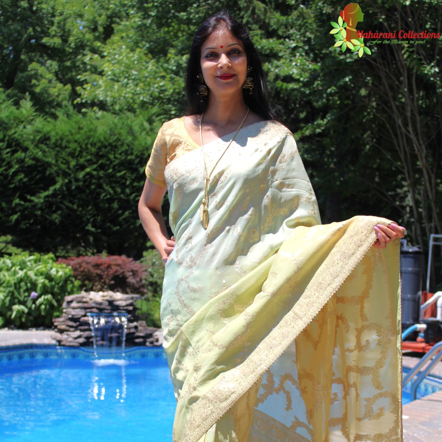Maharani's Pure Banarasi Georgette Saree - Pista Green (with stitched Blouse and Petticoat)