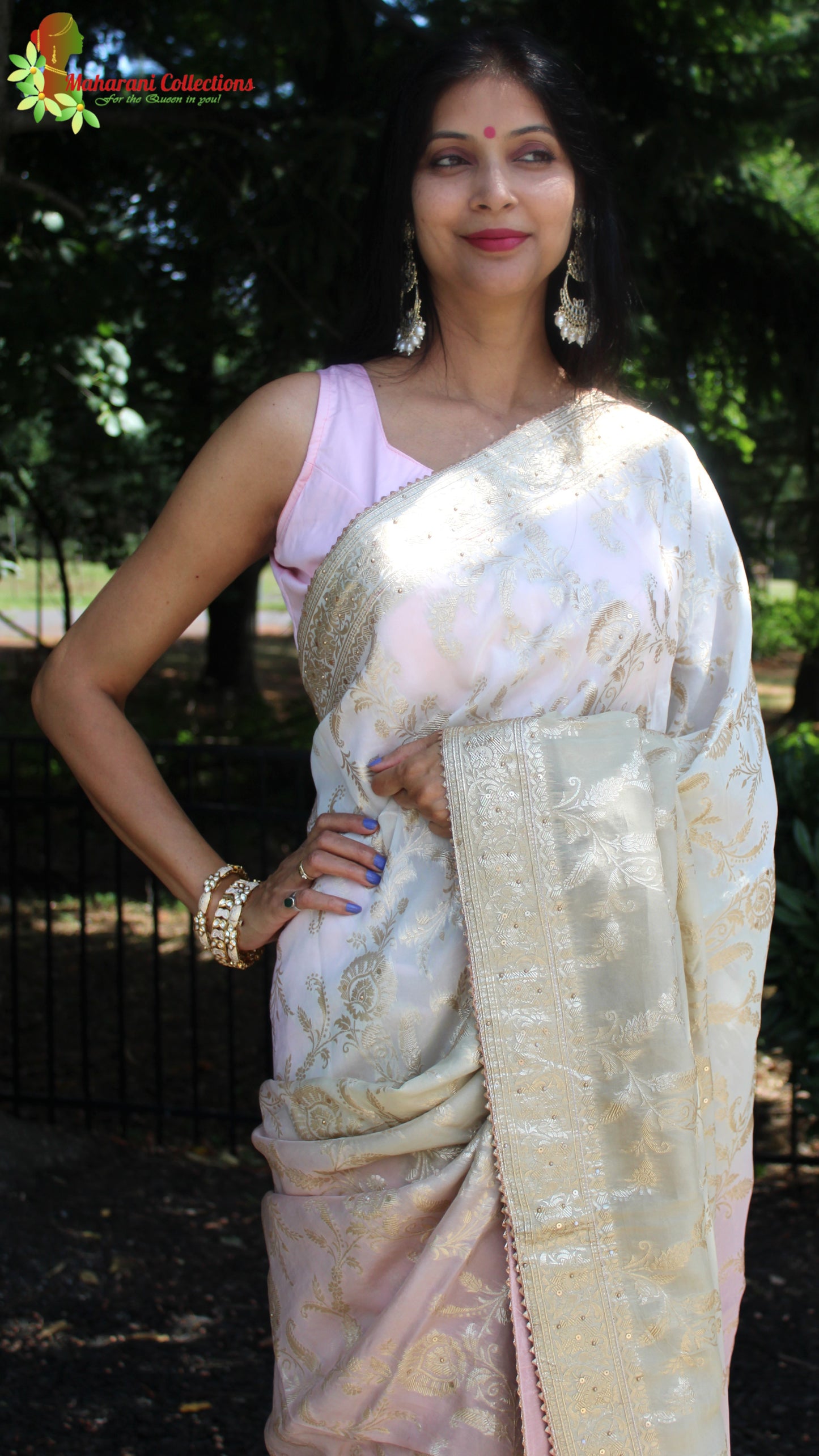 Maharani's Pure Banarasi Georgette Saree - Shades of Sand and Pink (with stitched Blouse and Petticoat)