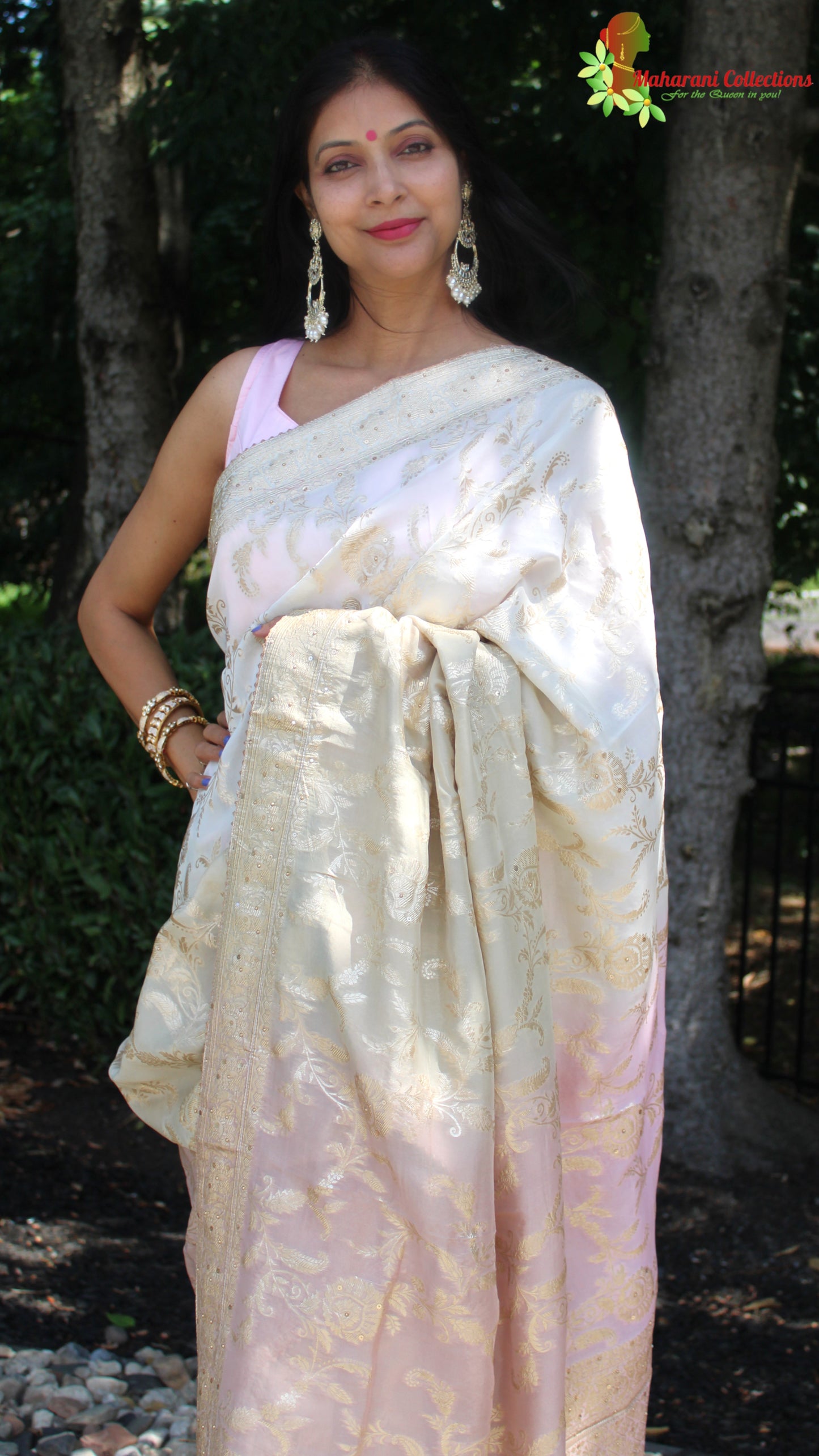 Maharani's Pure Banarasi Georgette Saree - Shades of Sand and Pink (with stitched Blouse and Petticoat)