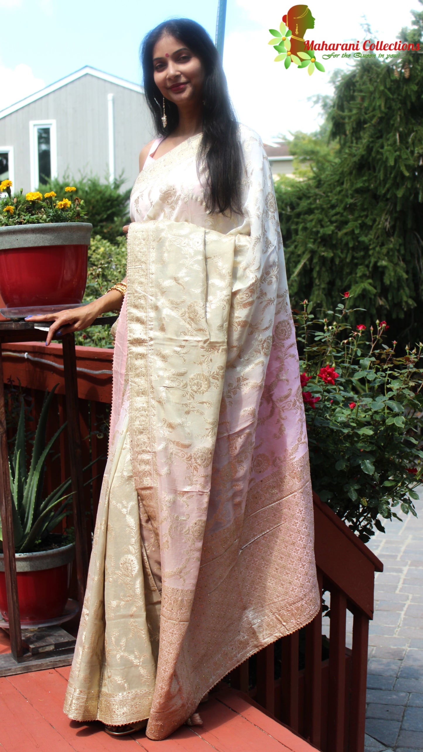 Maharani's Pure Banarasi Georgette Saree - Shades of Sand and Pink (with stitched Blouse and Petticoat)