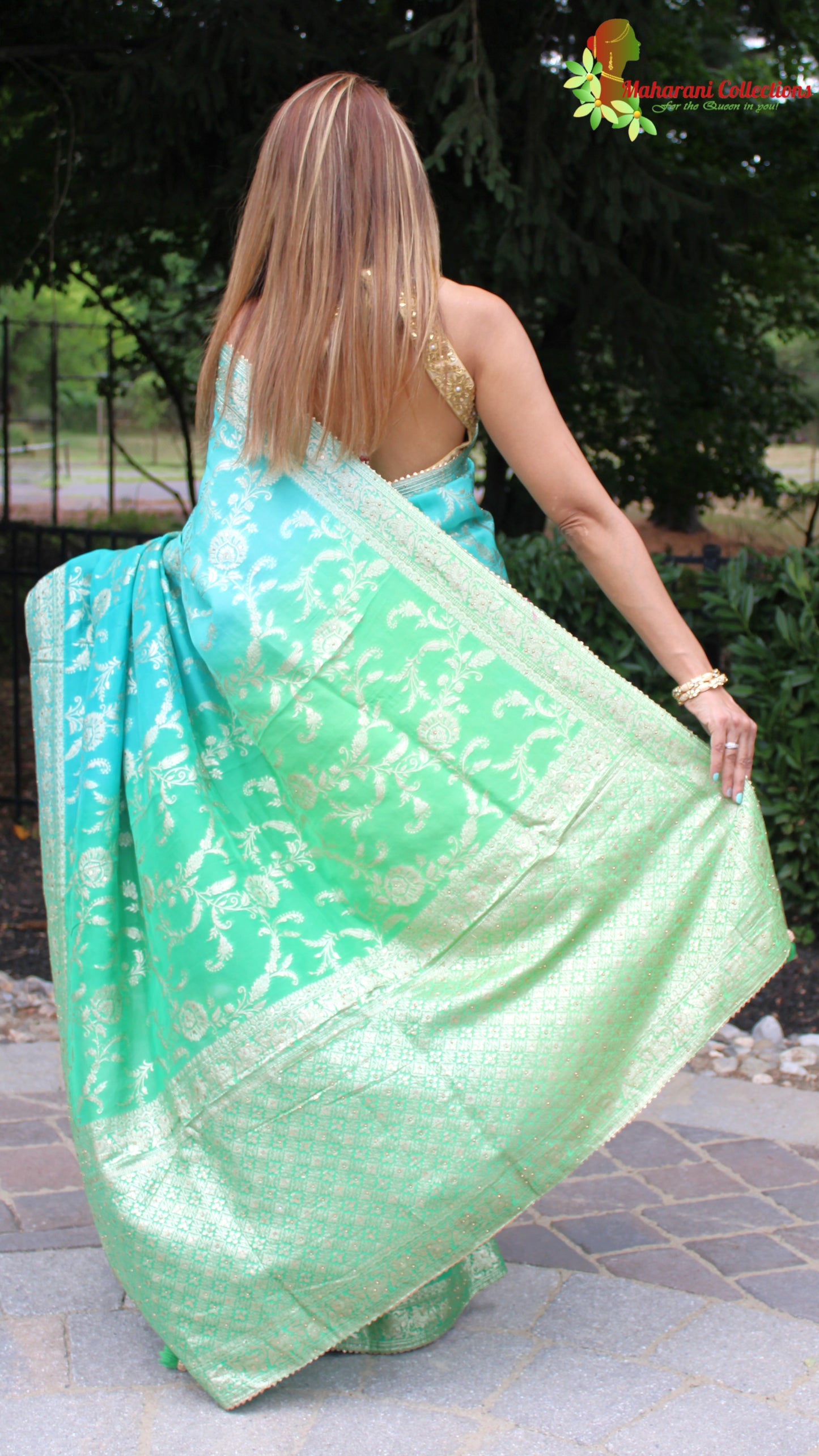 Maharani's Pure Banarasi Georgette Saree - Shades of Green (with stitched Blouse and Petticoat)