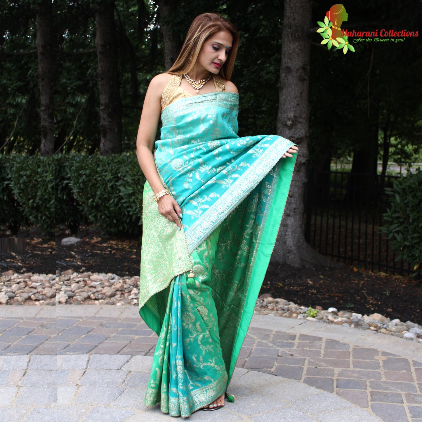 Maharani's Pure Banarasi Georgette Saree - Shades of Green (with stitched Blouse and Petticoat)