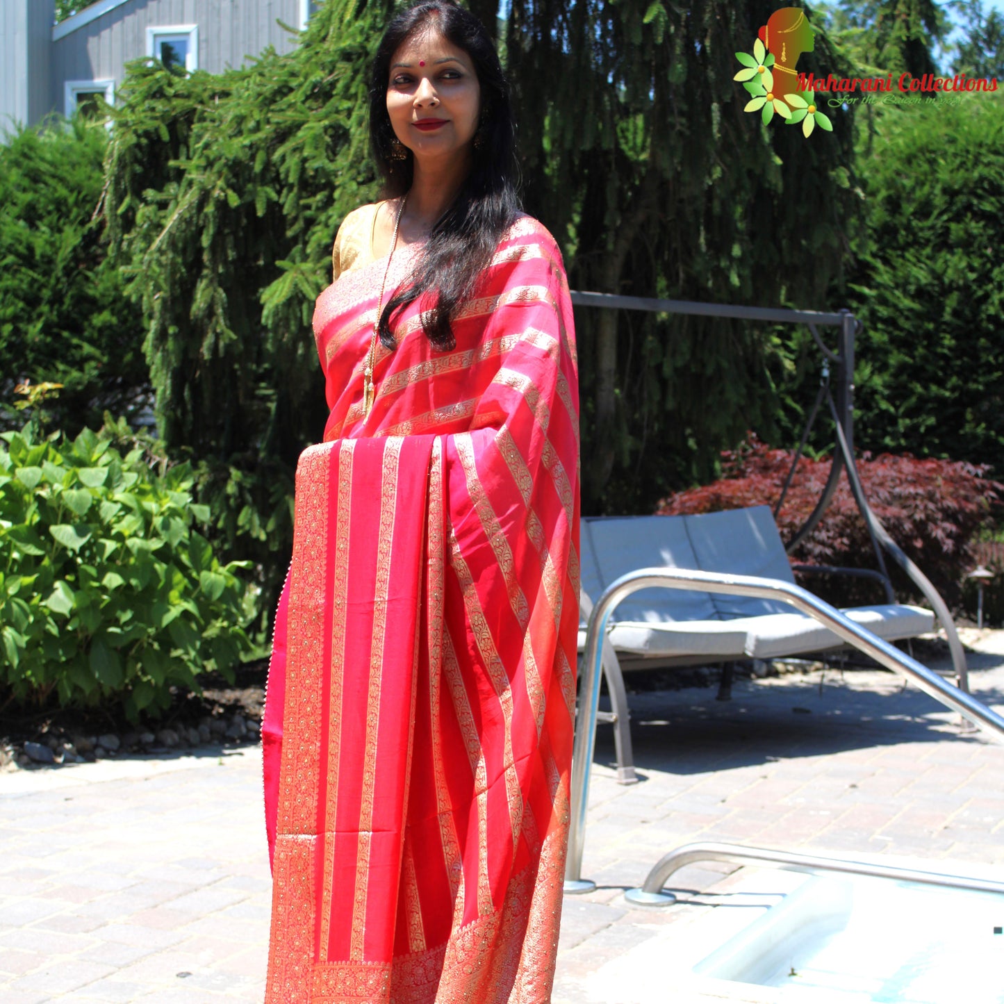 Maharani's Pure Banarasi Georgette Saree - Red, Pink and Orange (with stitched Blouse and Petticoat)