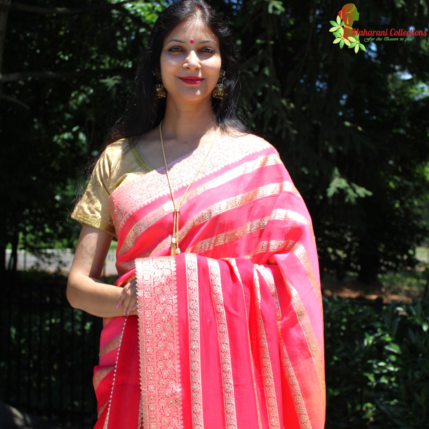 Maharani's Pure Banarasi Georgette Saree - Red, Pink and Orange (with stitched Blouse and Petticoat)