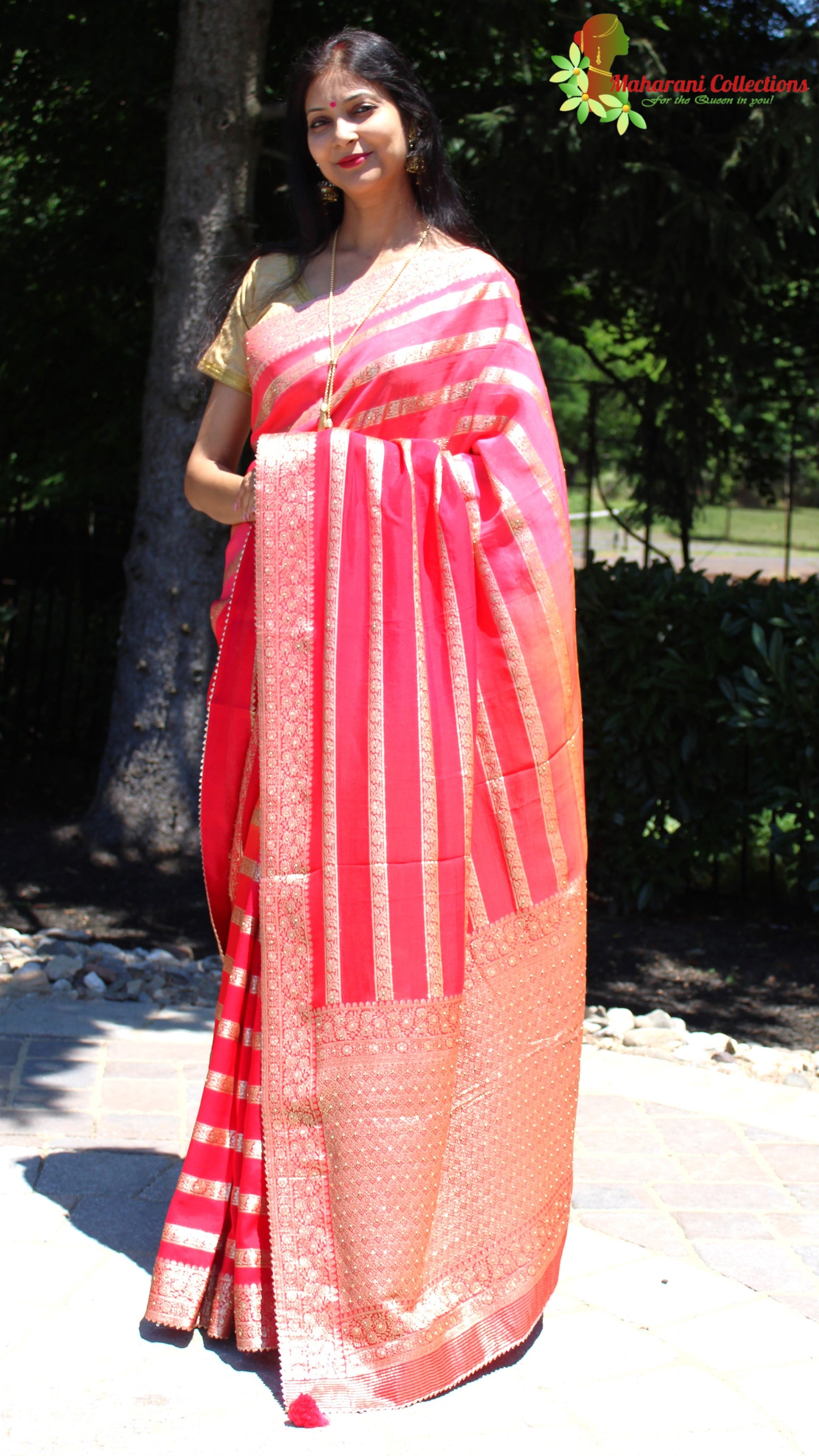 Maharani's Pure Banarasi Georgette Saree - Red, Pink and Orange (with stitched Blouse and Petticoat)