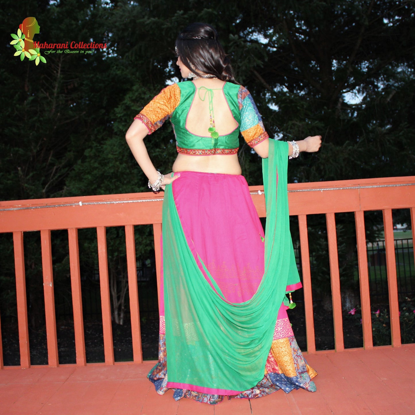 Maharani's Festive Chania Choli with Dupatta - Pink and Green (M)