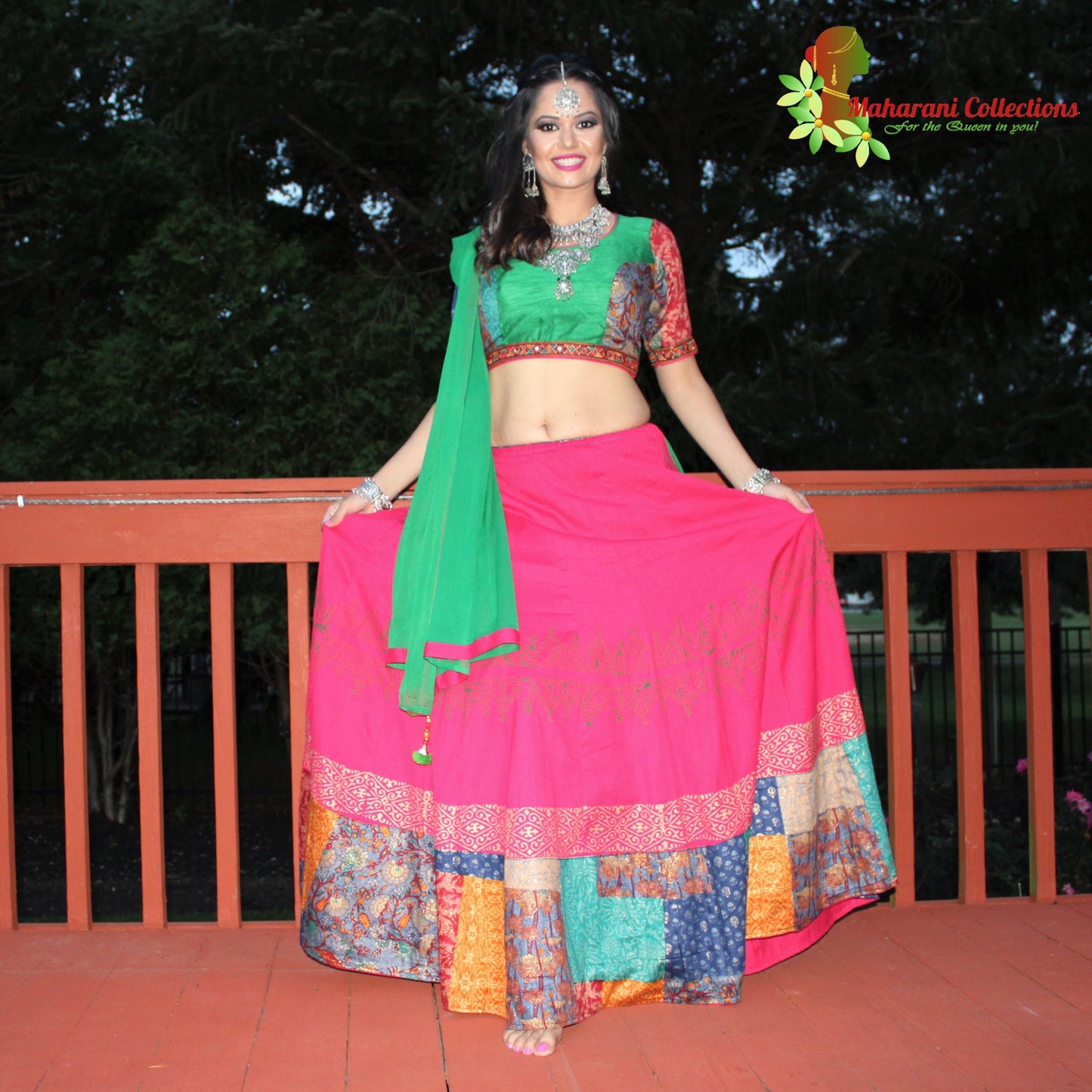 Maharani's Festive Chania Choli with Dupatta - Pink and Green (M)