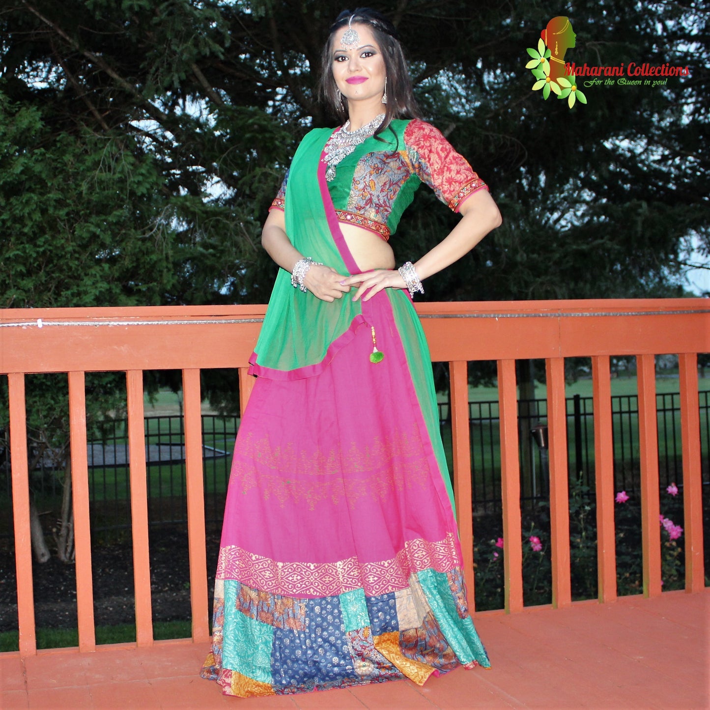 Maharani's Festive Chania Choli with Dupatta - Pink and Green (M)