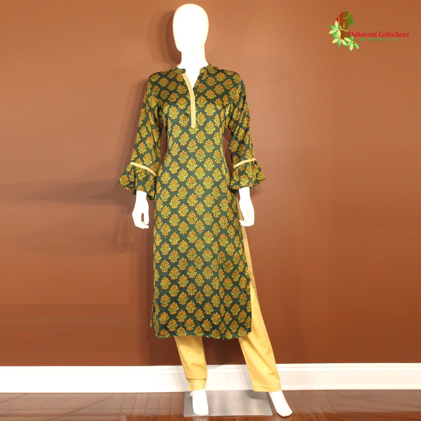 Maharani's Designer Silk Pant Suit - Green and Yellow (M)