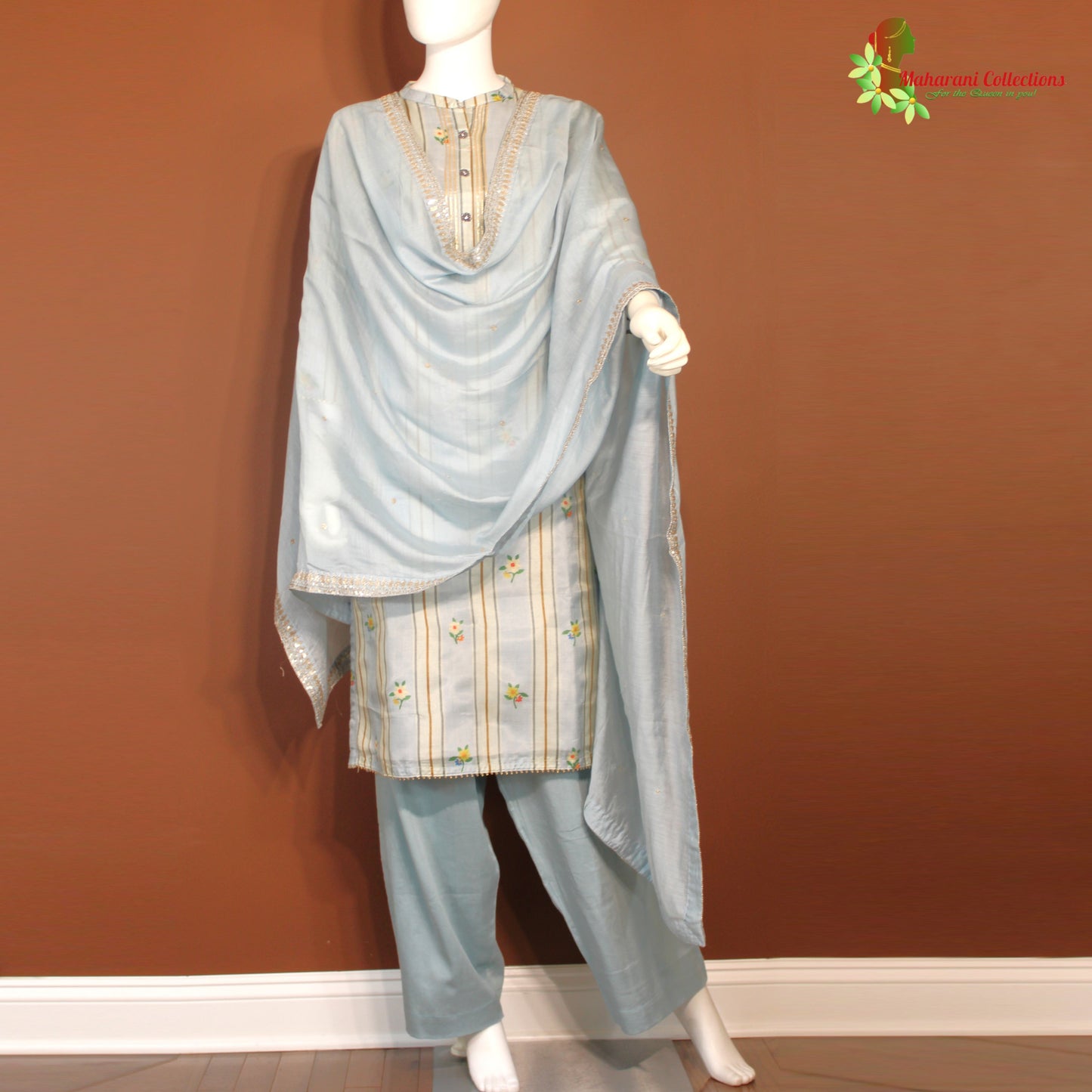 Maharani's Silk Palazzo Suit Set - Silver Grey (L)