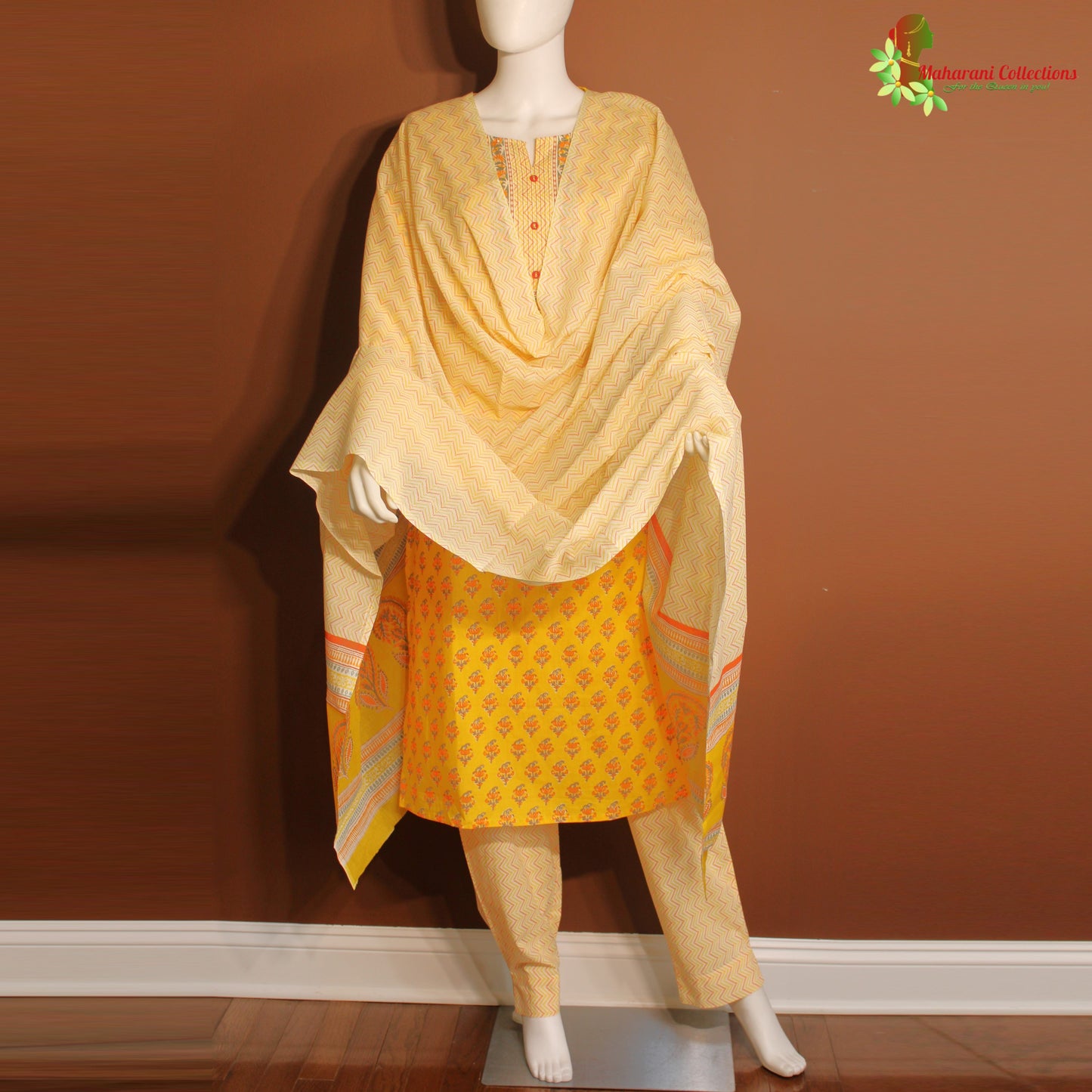 Maharani's Pure Cotton Palazzo Suit Set - Yellow (XL)