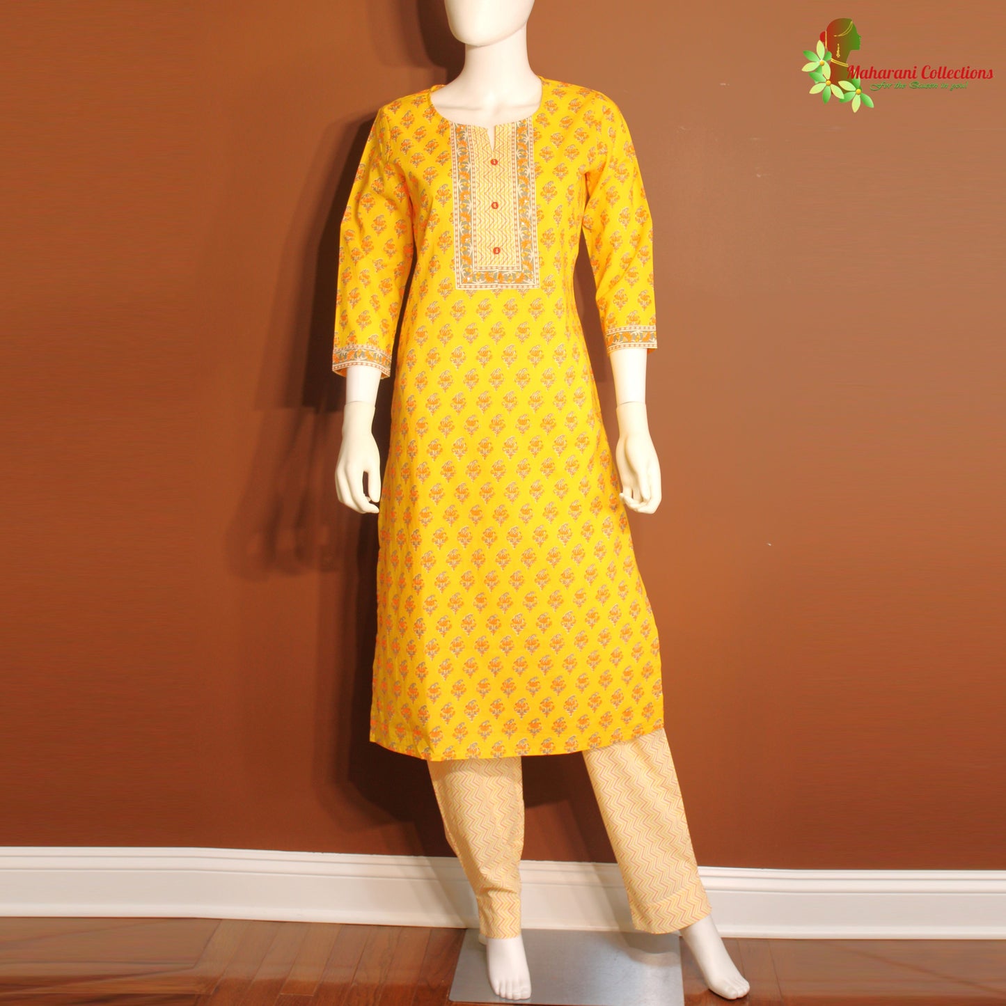 Maharani's Pure Cotton Palazzo Suit Set - Yellow (XL)