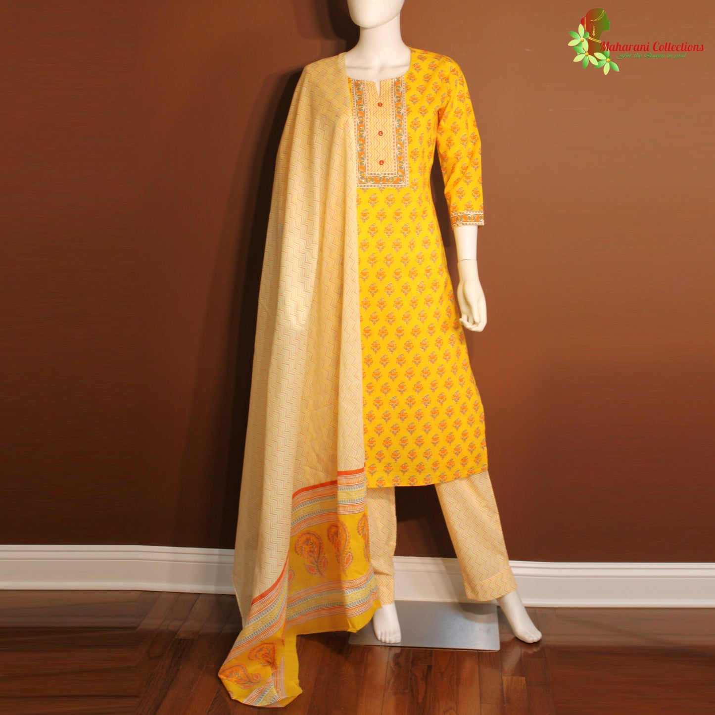 Maharani's Pure Cotton Palazzo Suit Set - Yellow (XL)