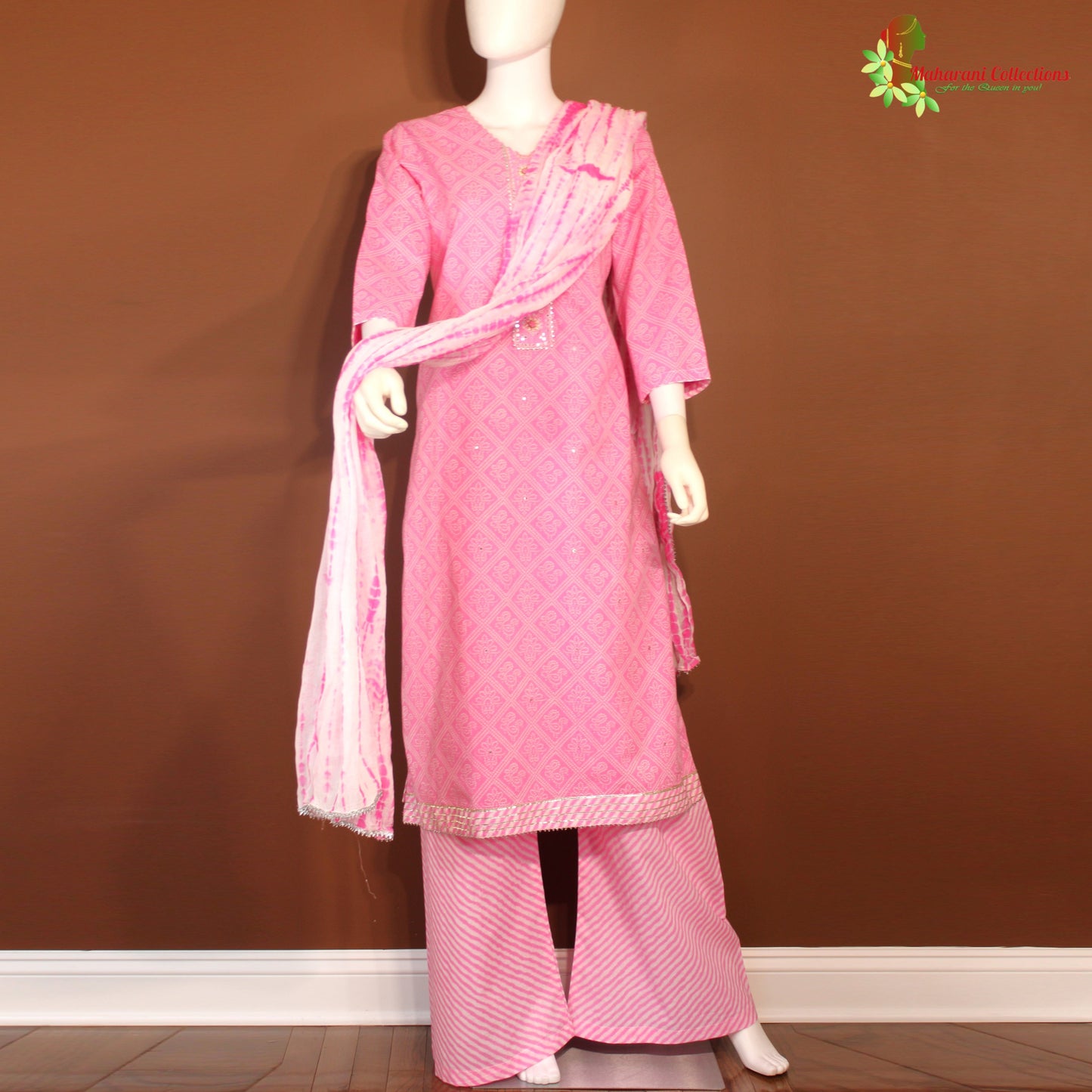 Maharani's Soft Cotton Palazzo Suit Set - Pink (L)