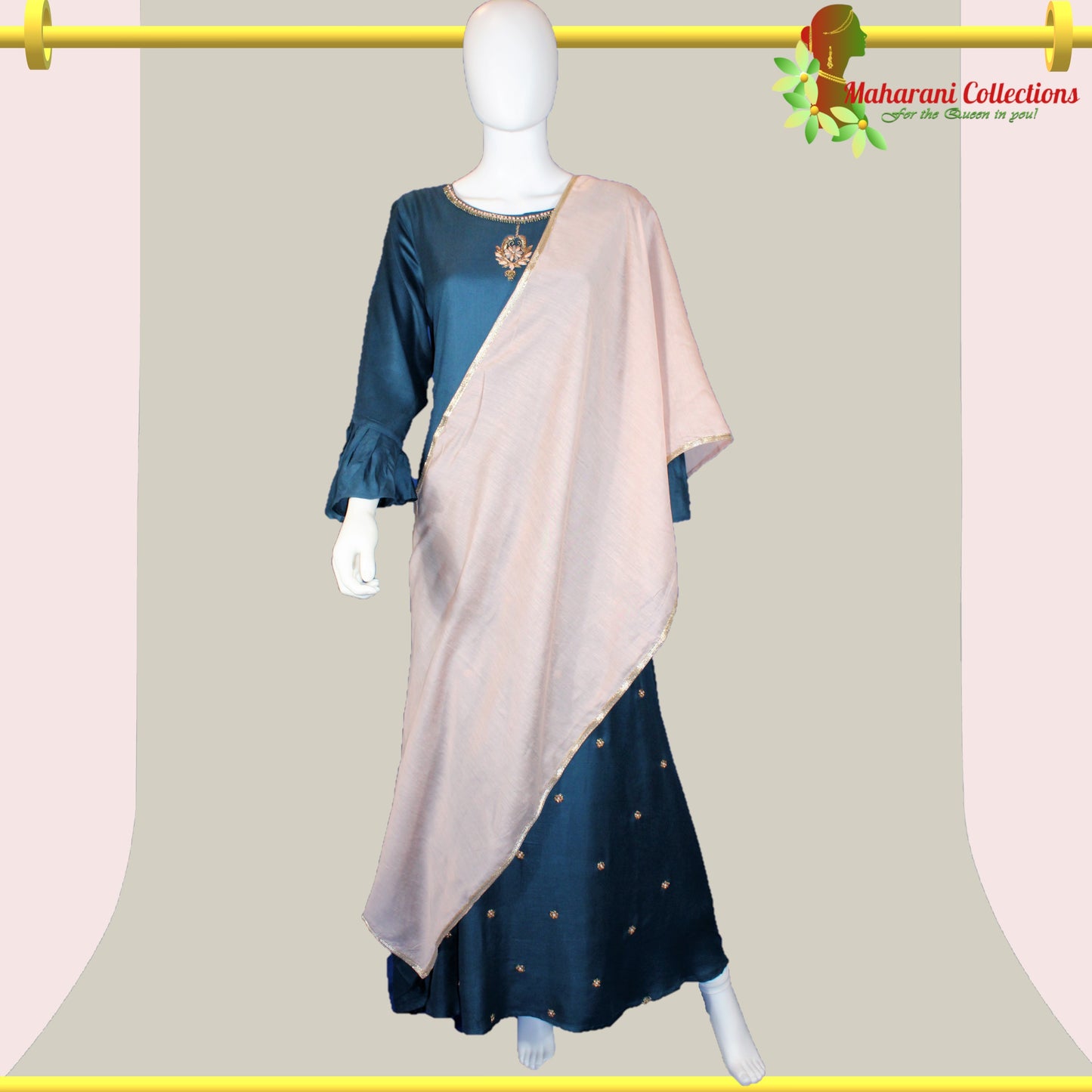 Linen Silk Long Dress with Dupatta - Peacock Blue (XL)