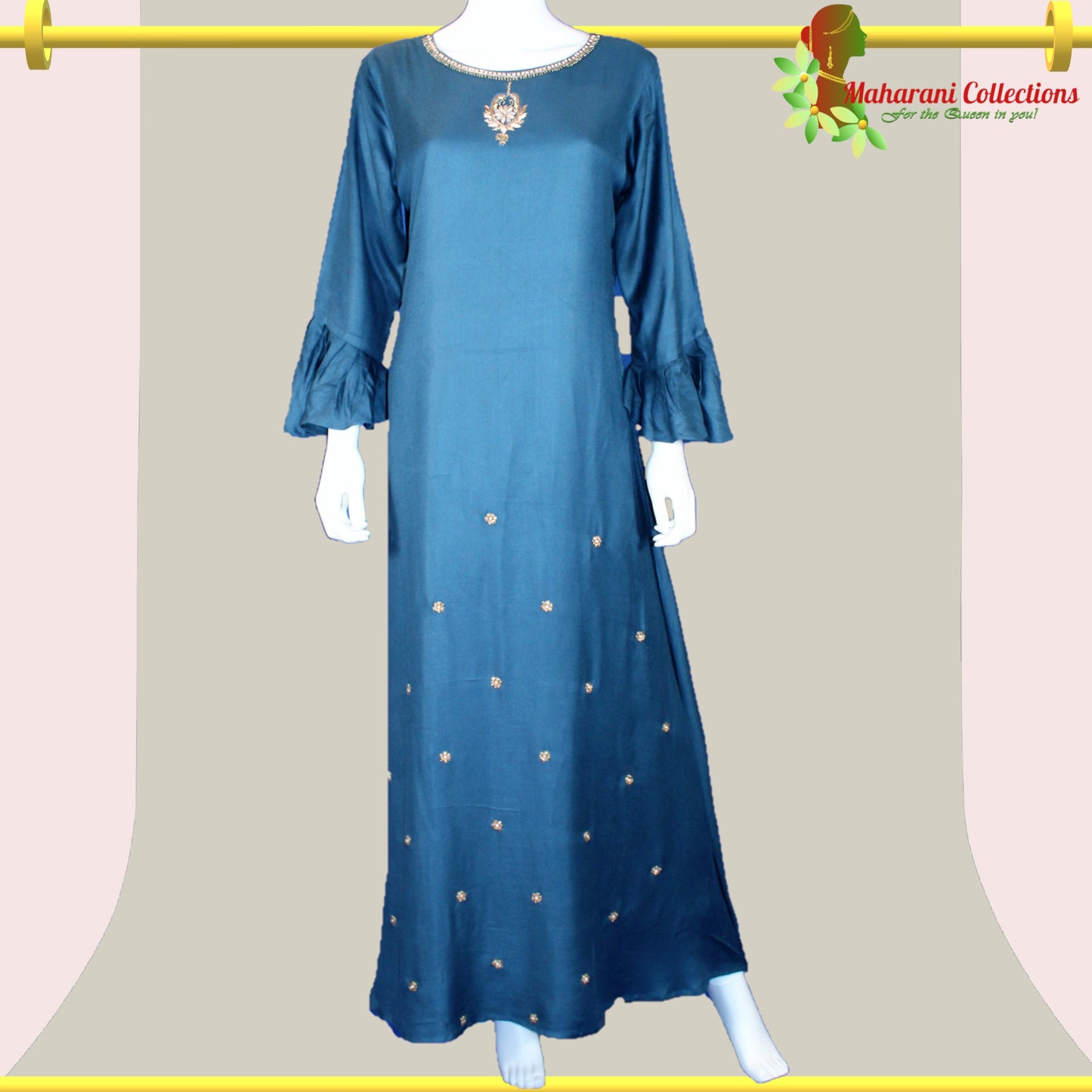 Linen Silk Long Dress with Dupatta - Peacock Blue (XL)