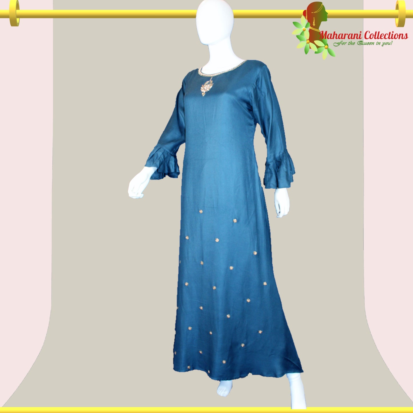 Linen Silk Long Dress with Dupatta - Peacock Blue (XL)