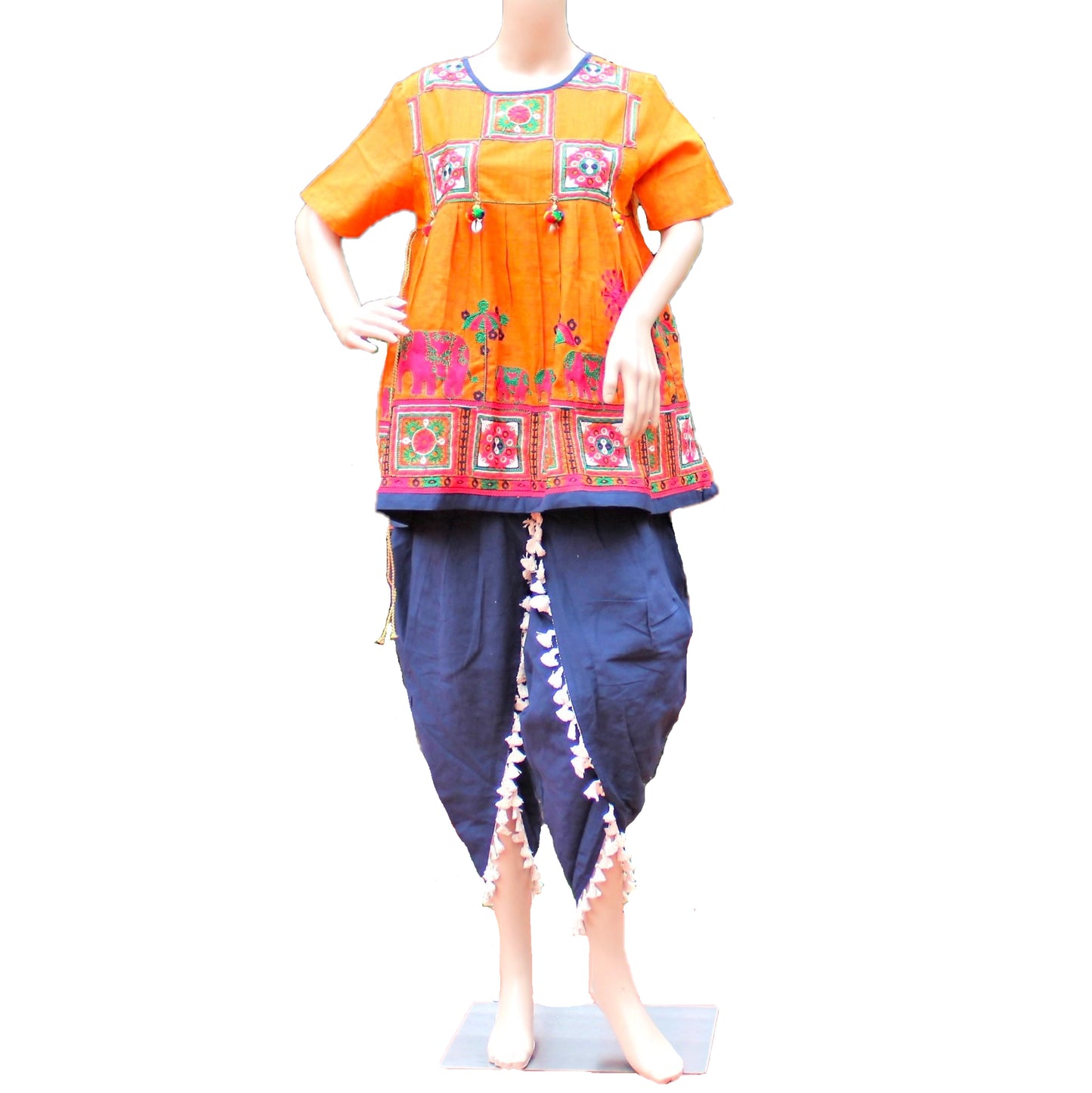 Maharani's Tulip Pant and Choli (Dhoti Choli) - Orange/Blue (L)