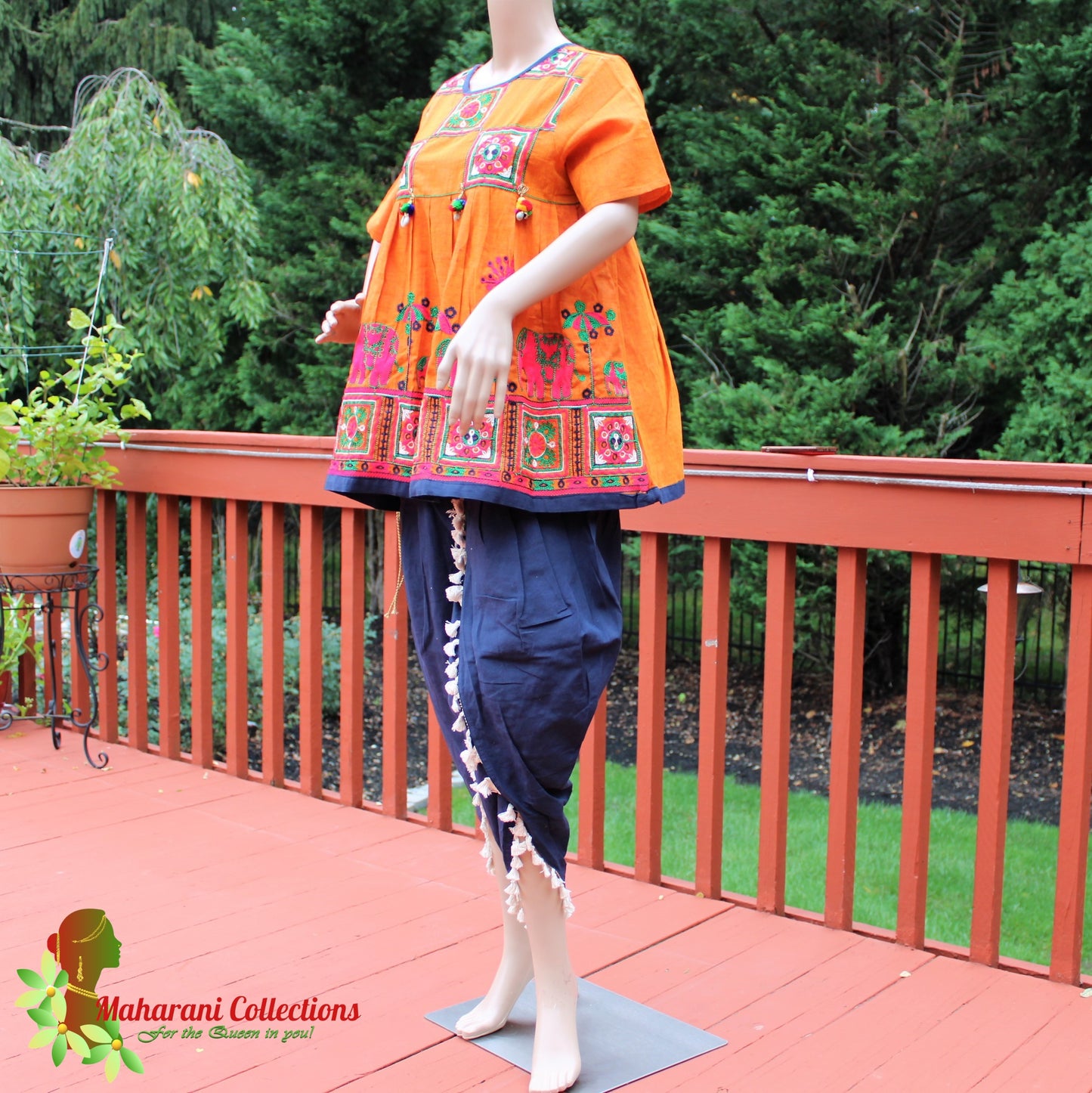 Maharani's Tulip Pant and Choli (Dhoti Choli) - Orange/Blue (L)