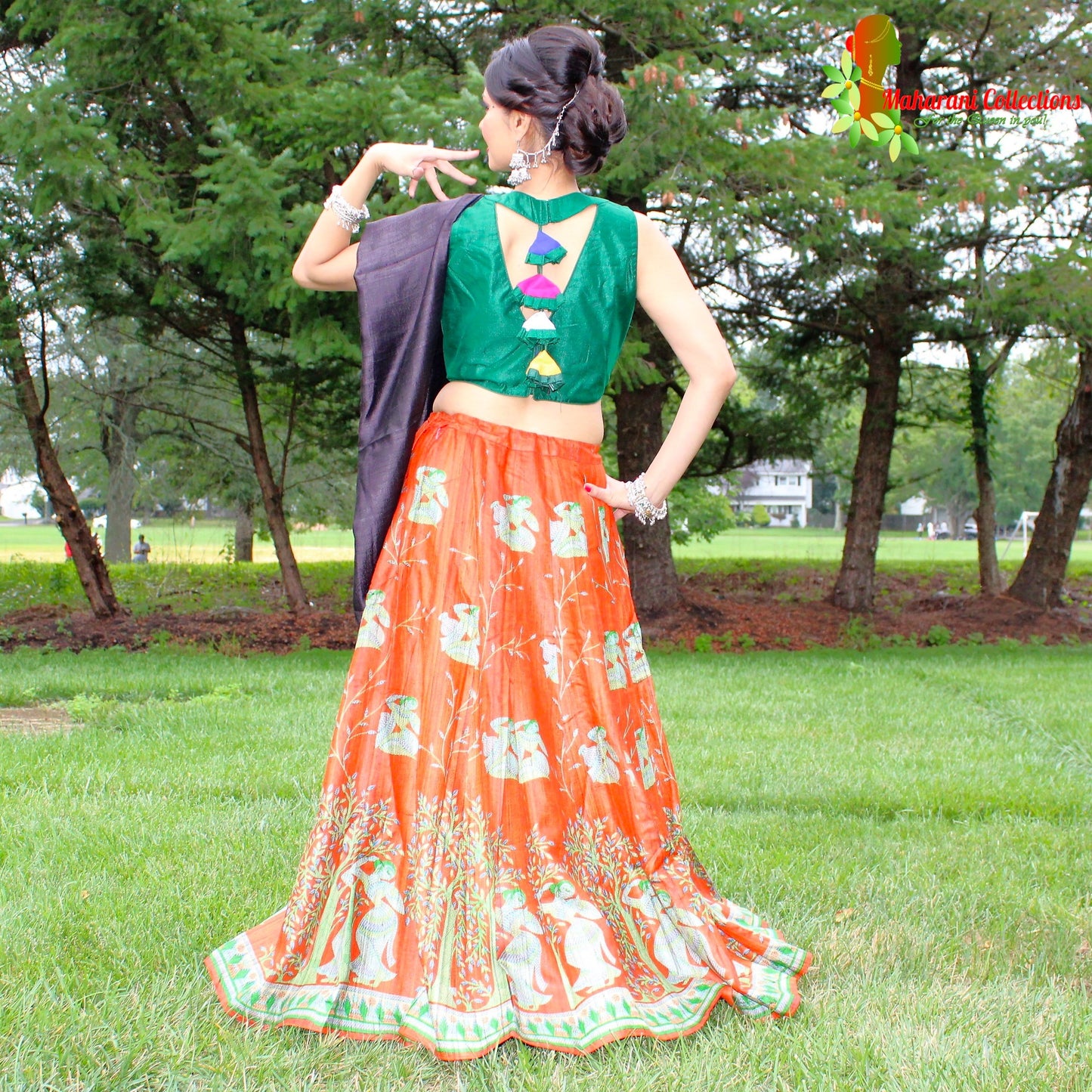 Maharani's Pure Tussar Silk Lehenga - Orange & Green (M)