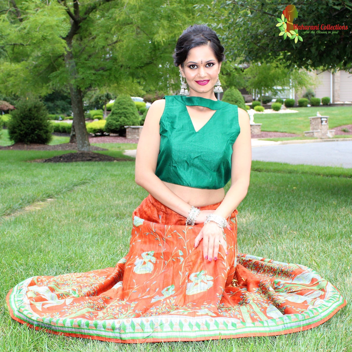 Maharani's Pure Tussar Silk Lehenga - Orange & Green (M)