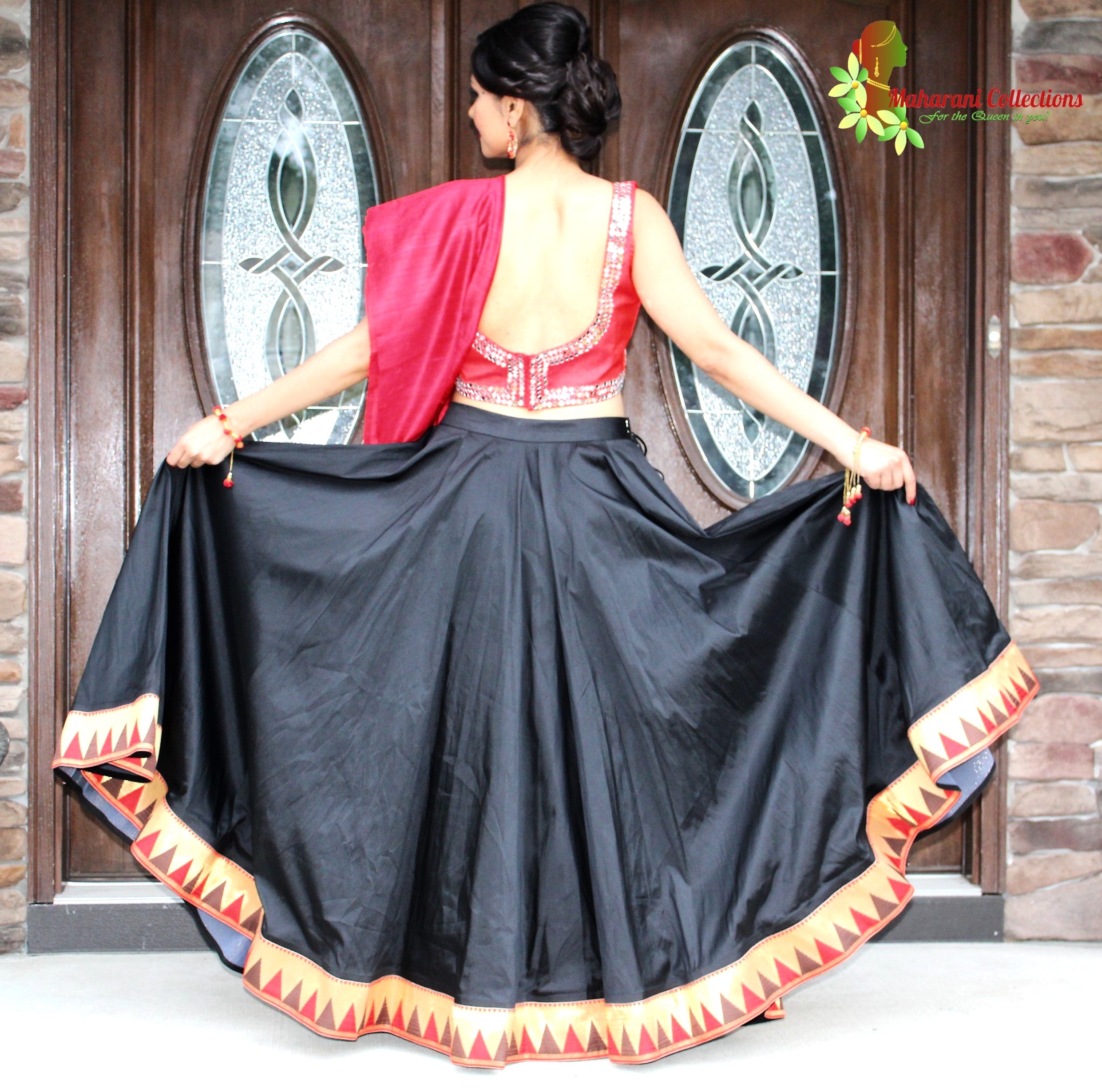 Stitched Black Embroidery Work Cotton Lehenga Choli with Red Dupatta at Rs  1399 in Ahmedabad