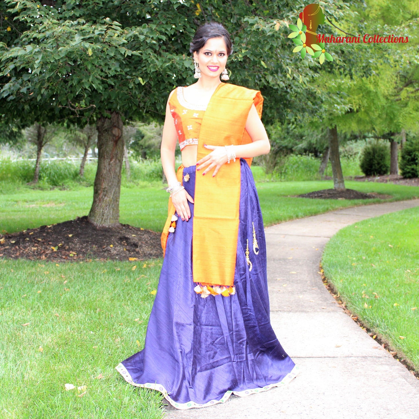 Maharani's Pure Tussar Silk Lehenga - Blue and Yellow (L)
