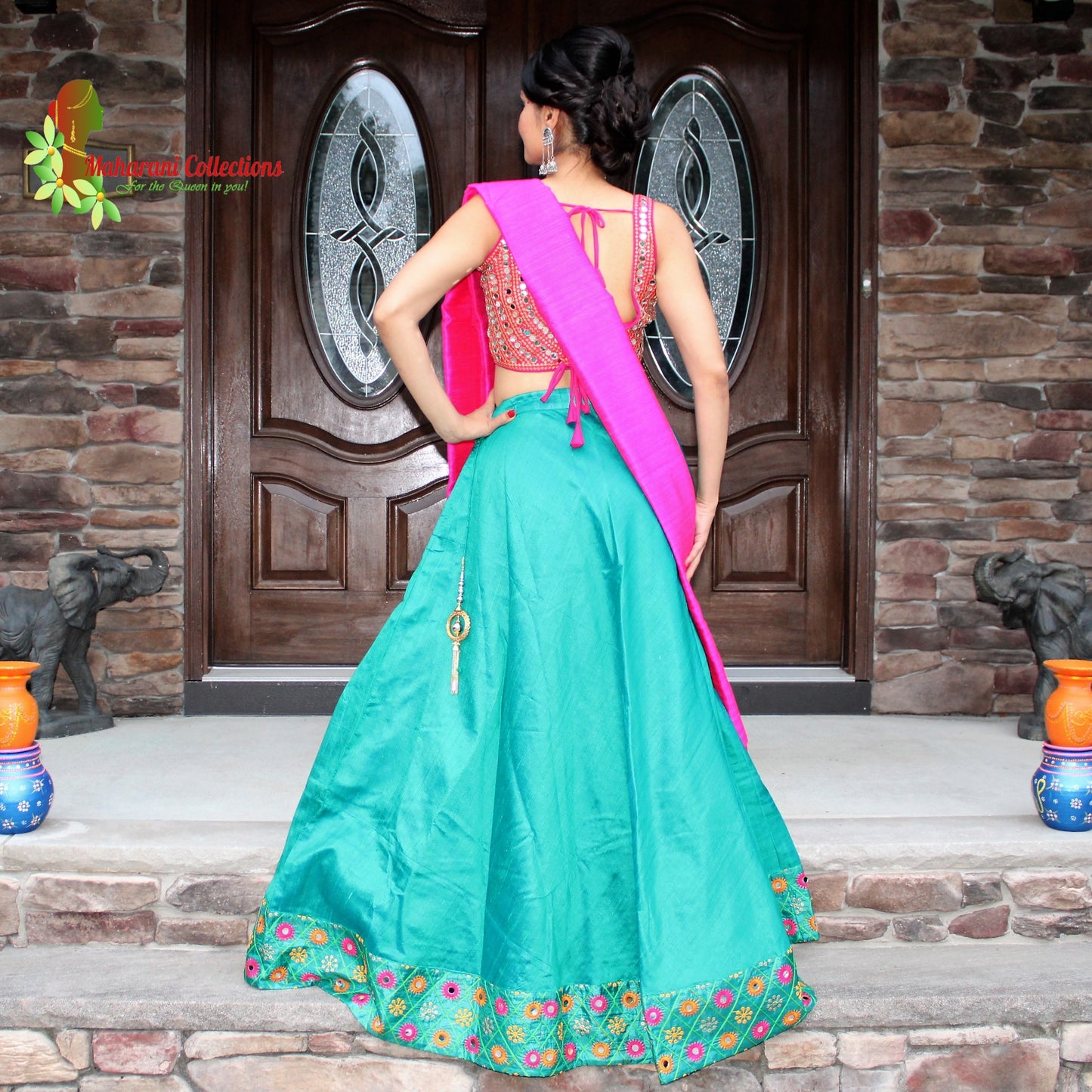 Maharani's Pure Tussar Silk Lehenga - Sea Green and Pink